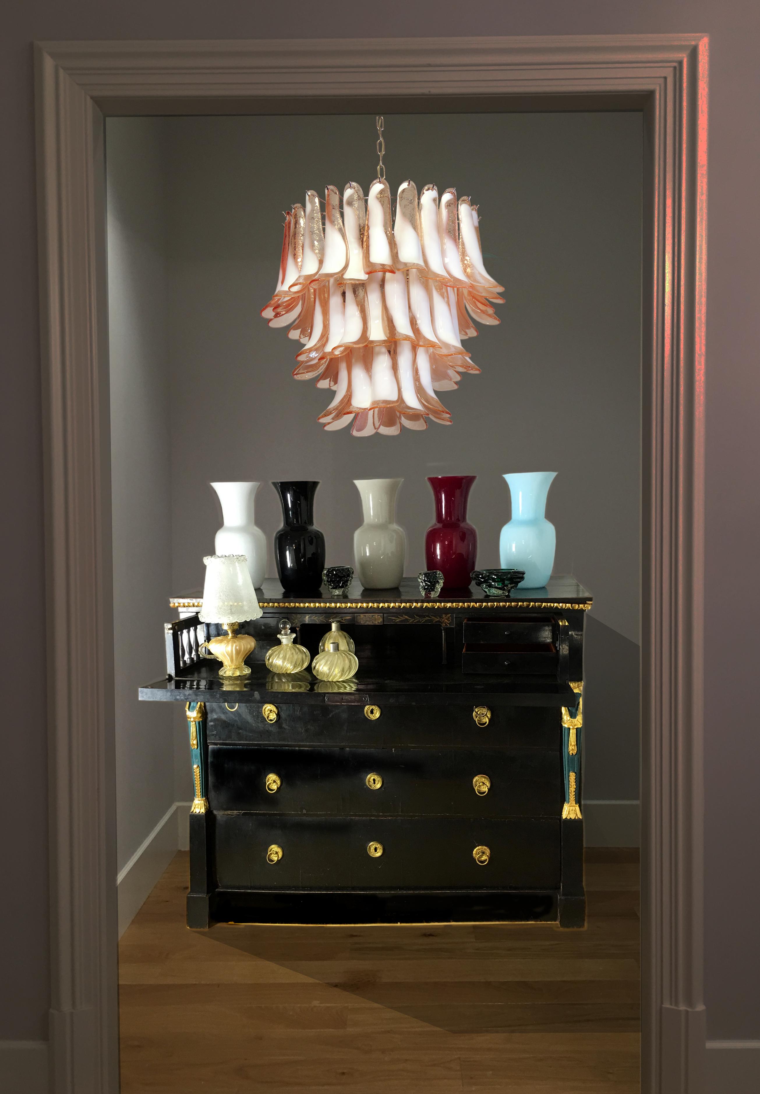 Metal Pair of 'Flamingo' Italian Petal Chandeliers, Murano