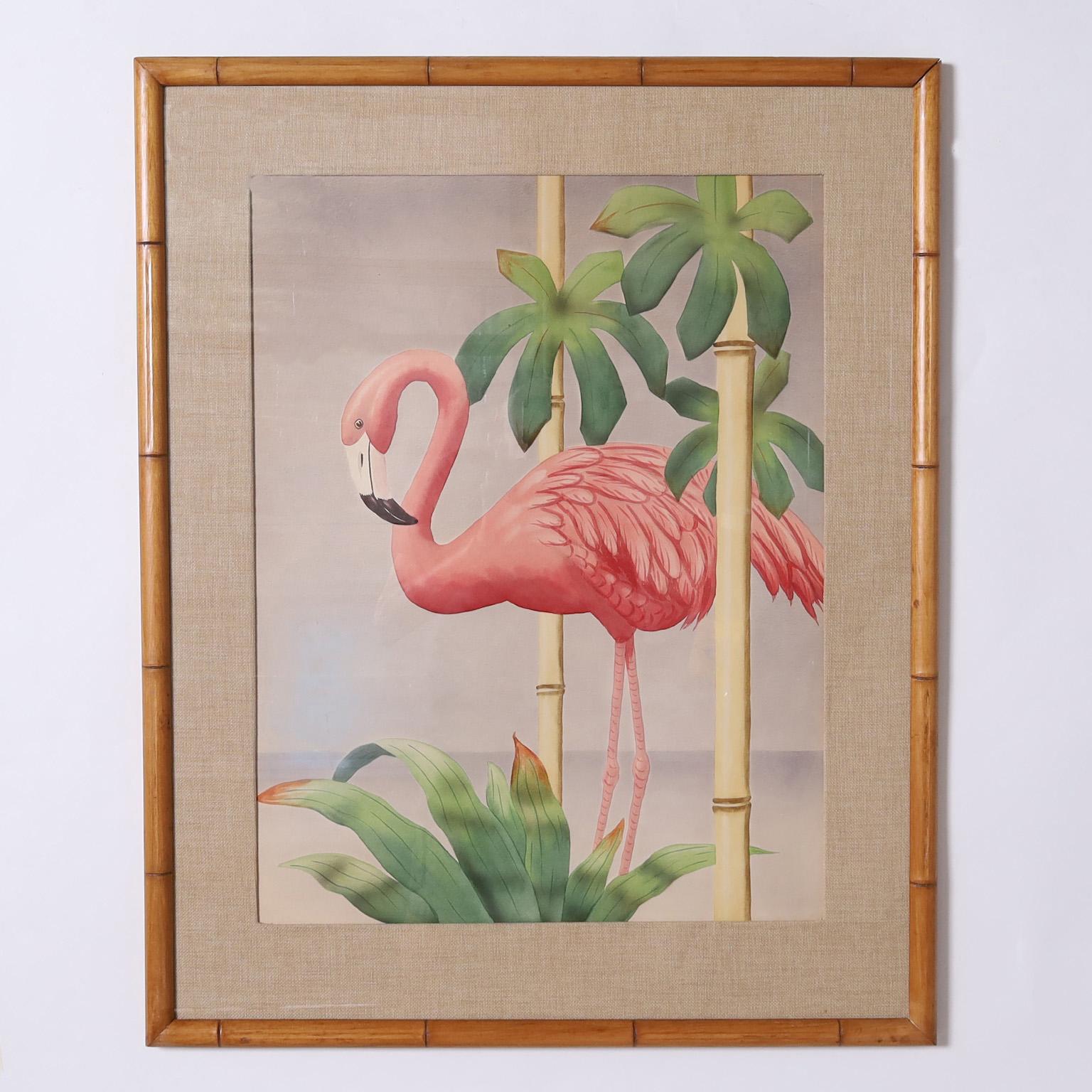 Striking pair of art deco watercolors on paper of flamingos in tropical settings. Presented under glass in the original bamboo frames and signed by noted American artist Shirrell Graves.