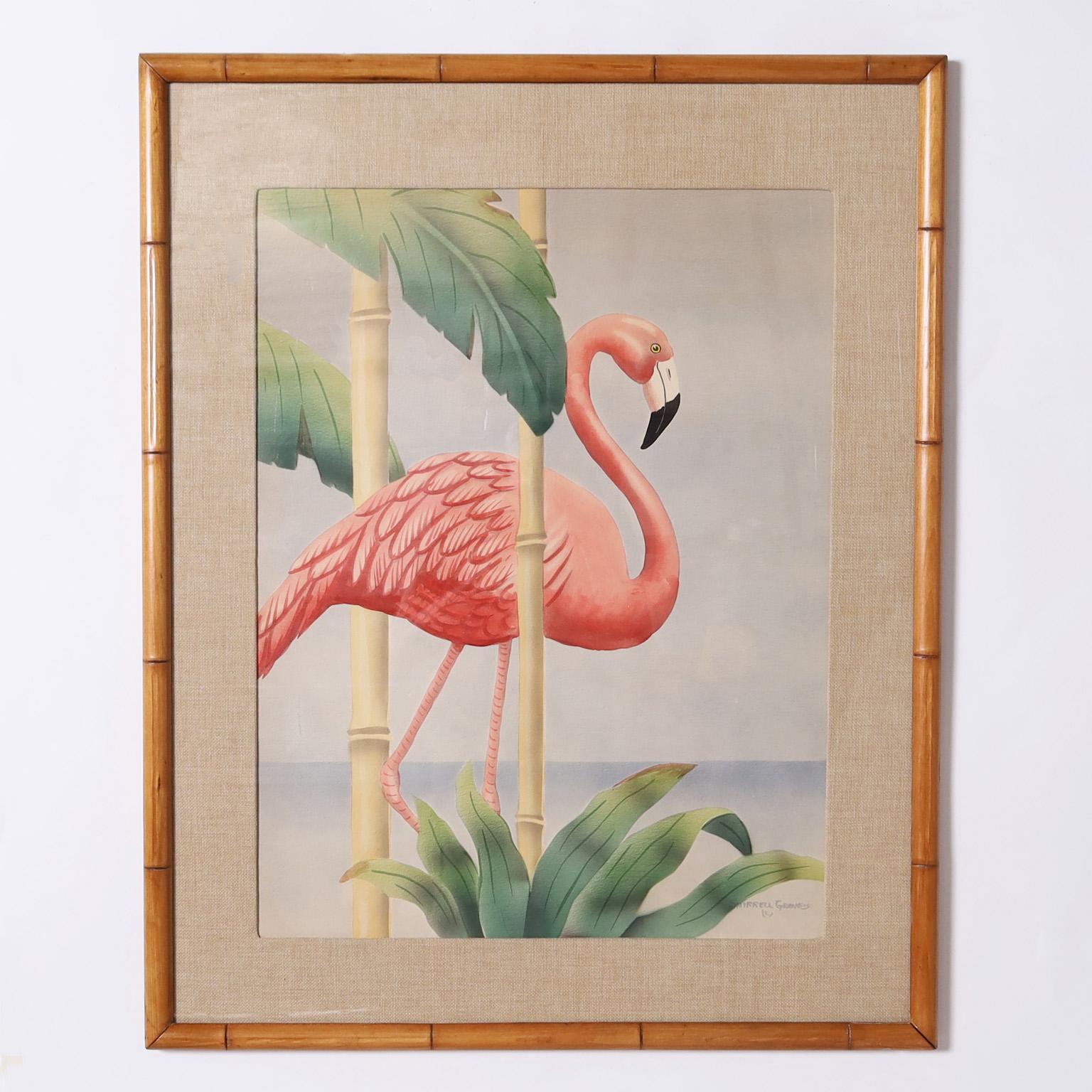 Pair of Flamingo Watercolors on Paper In Good Condition In Palm Beach, FL