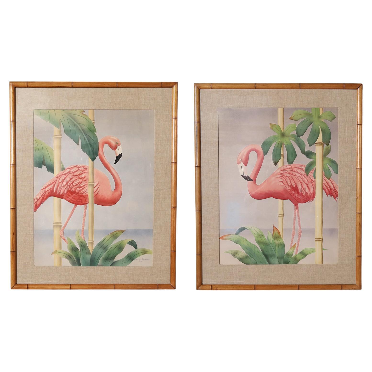 Pair of Flamingo Watercolors on Paper