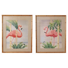 Antique Pair of Flamingo Watercolors on Paper
