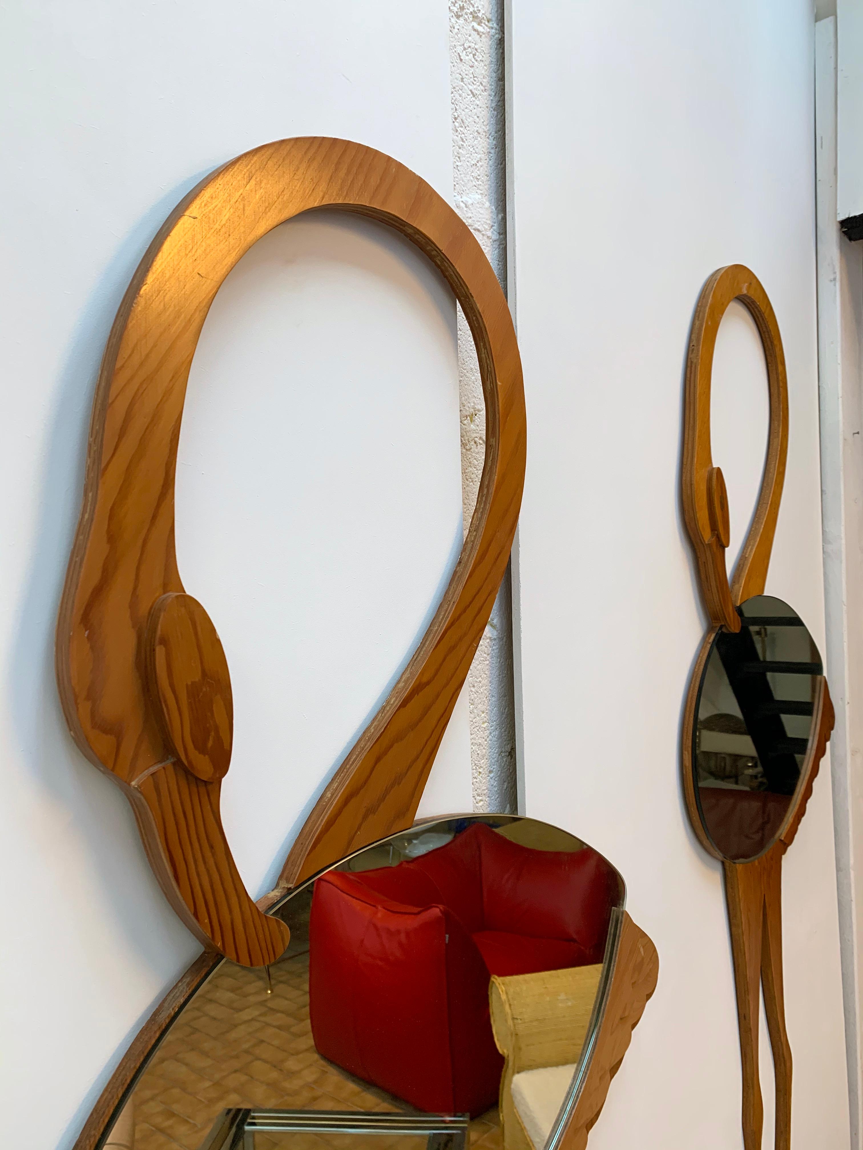 Pair of Flamingo Wood Mirror by Max Papiri, Italy, 1970s In Good Condition In SAINT-OUEN, FR