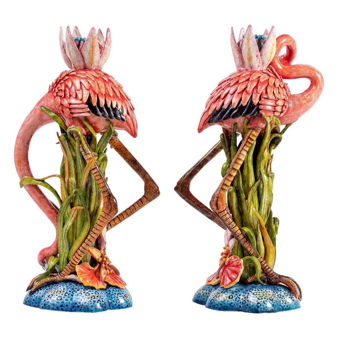 Pareja de candelabros de flamencos y flores de lis, Hand Made in South Africa Sudafricano en venta