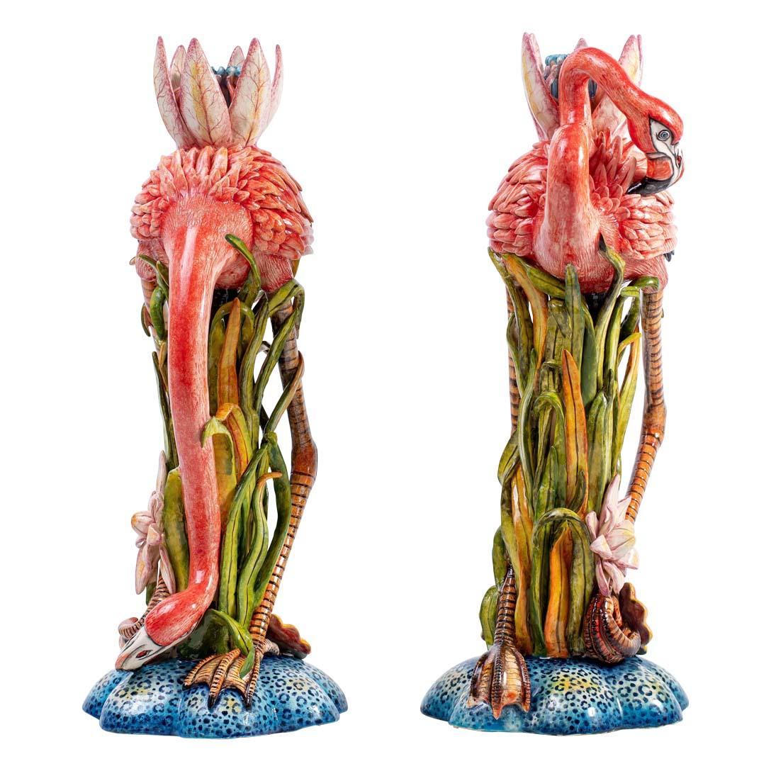 Pareja de candelabros de flamencos y flores de lis, Hand Made in South Africa Al fuego en venta