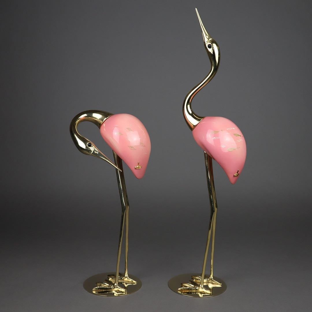 Pair of Flamingos by De Stijl, Hand Carved Wood and Brass, Florerece, 1960/70s 4