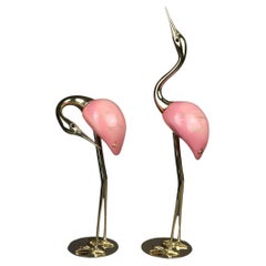 Pair of Flamingos by De Stijl, Hand Carved Wood and Brass, Florerece, 1960/70s