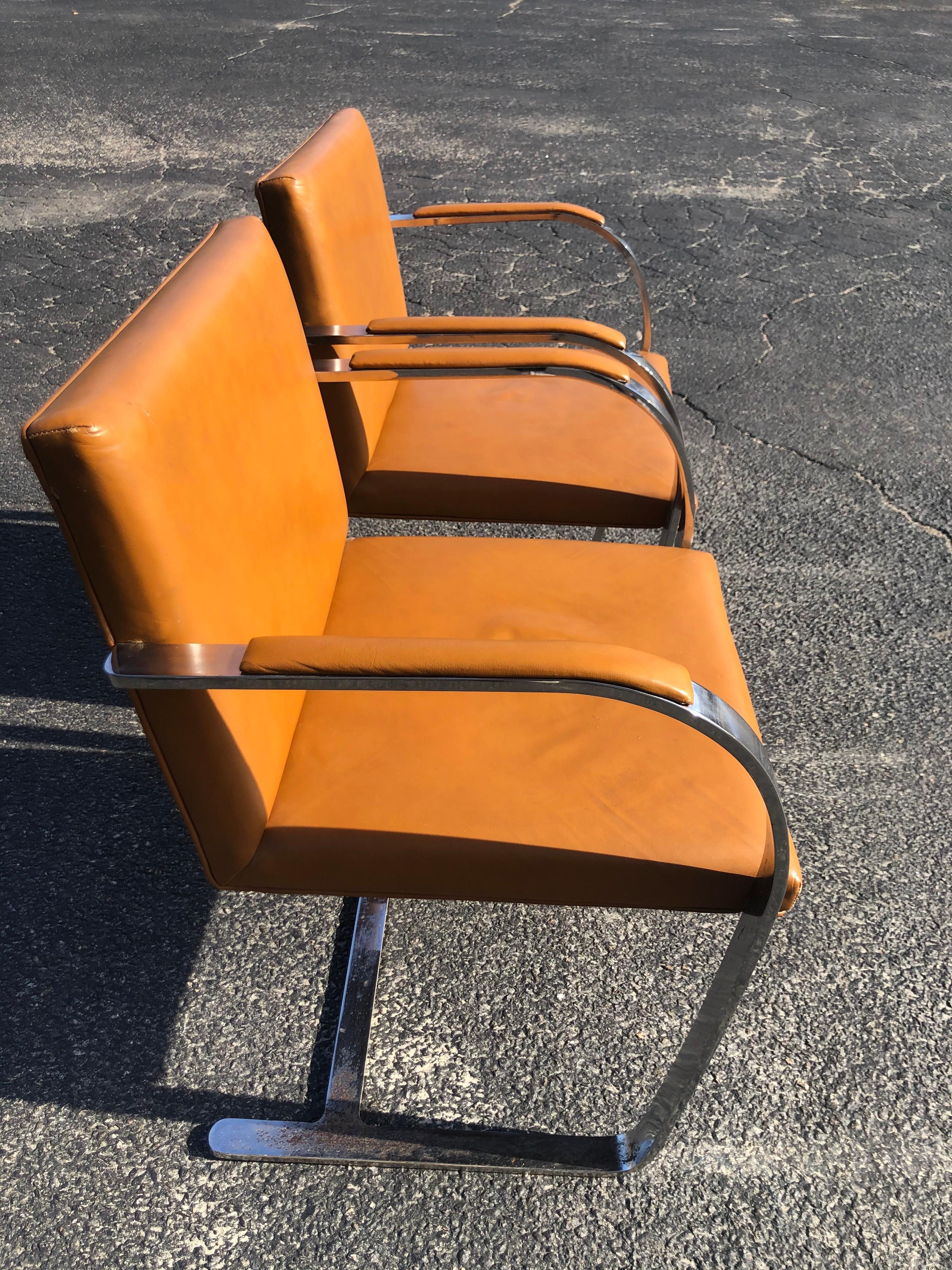 Leather Pair of Flat Bar Brno Chairs in the Style of Ludwig Mies van der Rohe