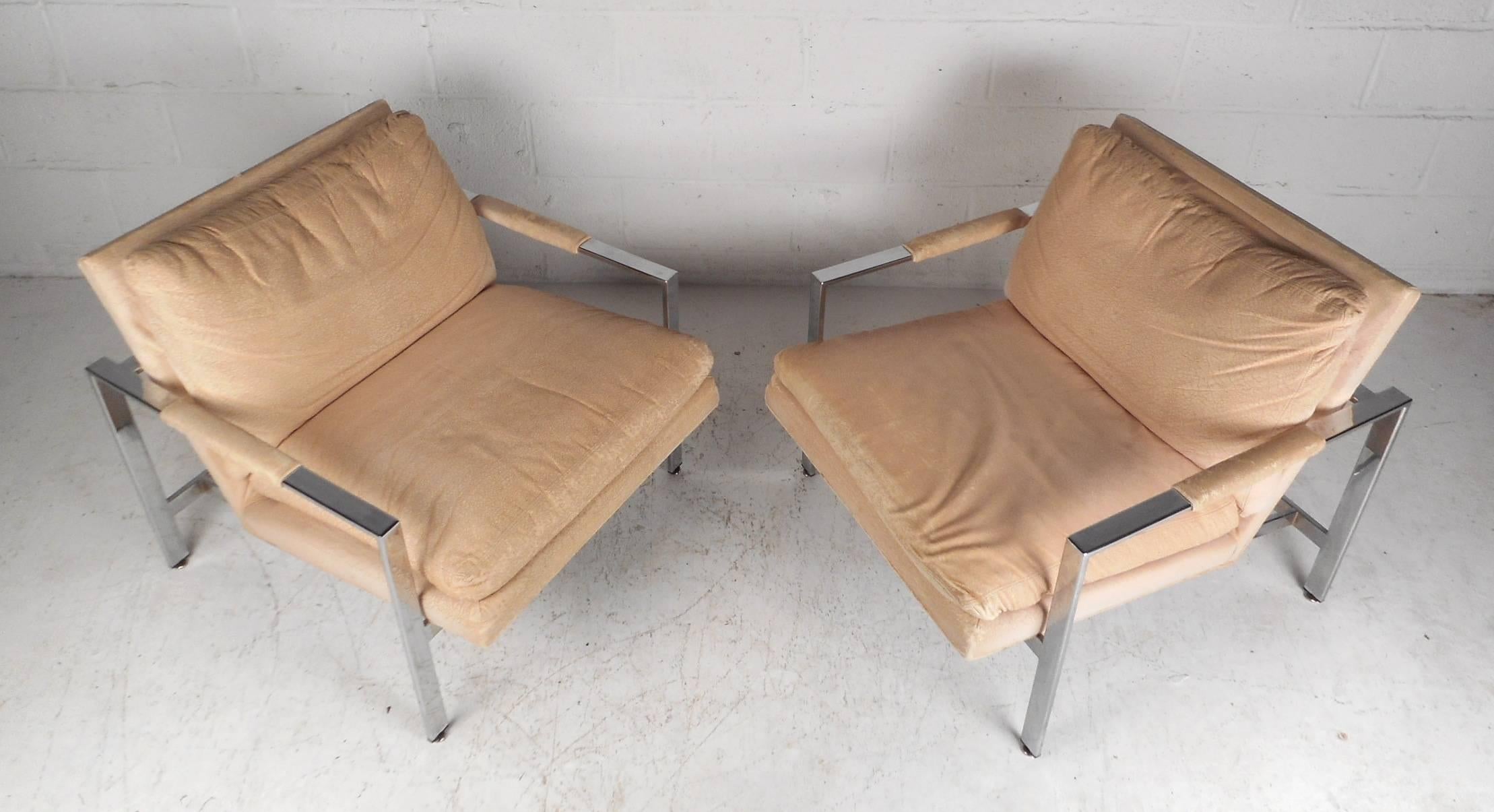 Américain Paire de fauteuils de salon chromés de bar plats de Milo Baughman pour Thayer Coggin en vente