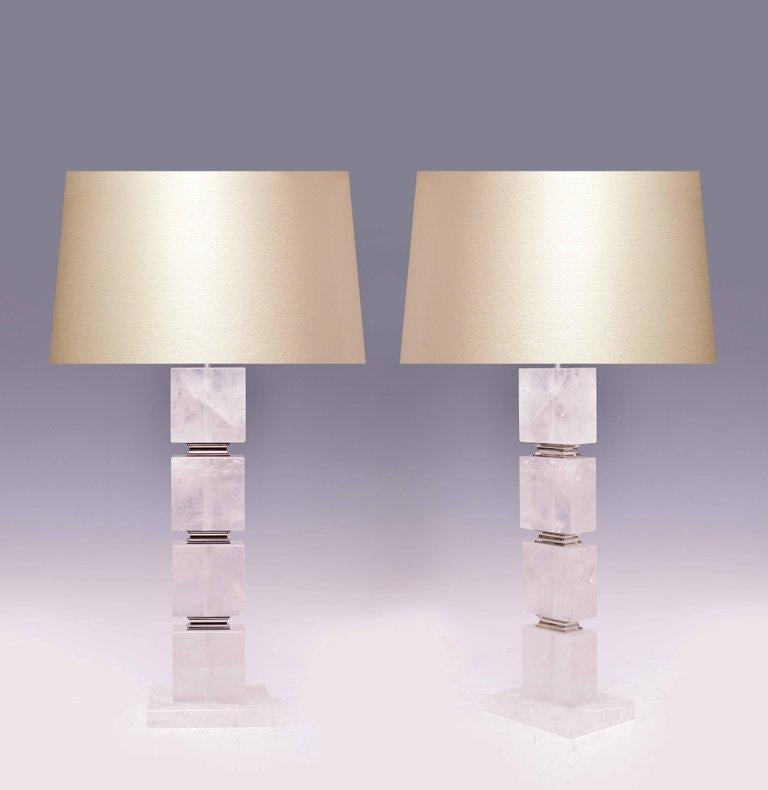 Contemporary Pair of Flat Cubic Form Rock Crystal Lamps For Sale