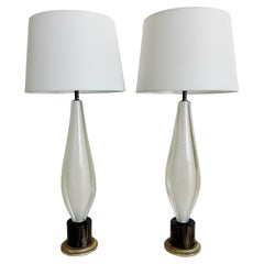 Pair of Flavio Poli Lamps, Sommerso Glass, White and Gold Fleck, Seguso, Murano