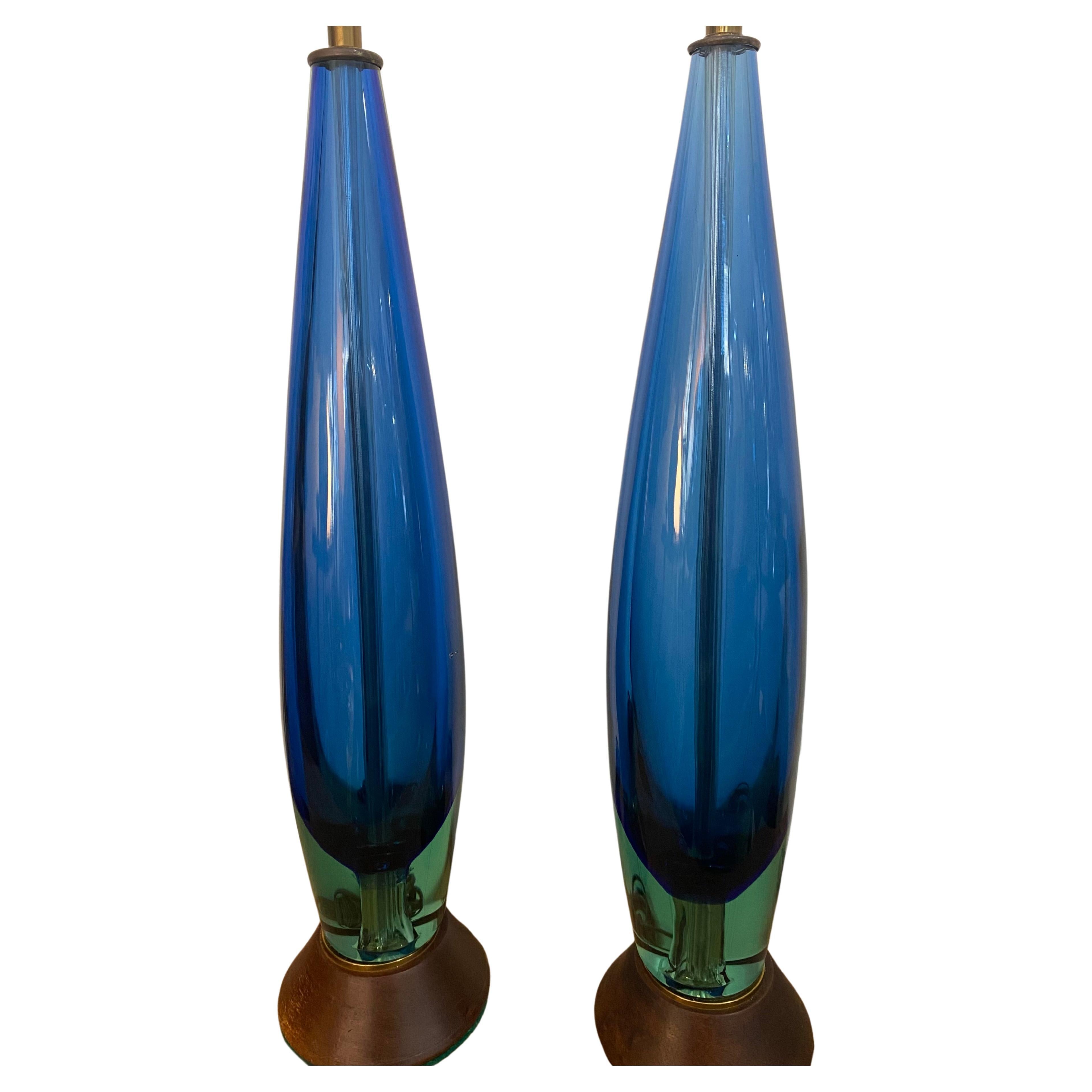 Pair of Flavio Poli Murano Italy Sommerso Glass Bulbous Shaped Table Lamps For Sale