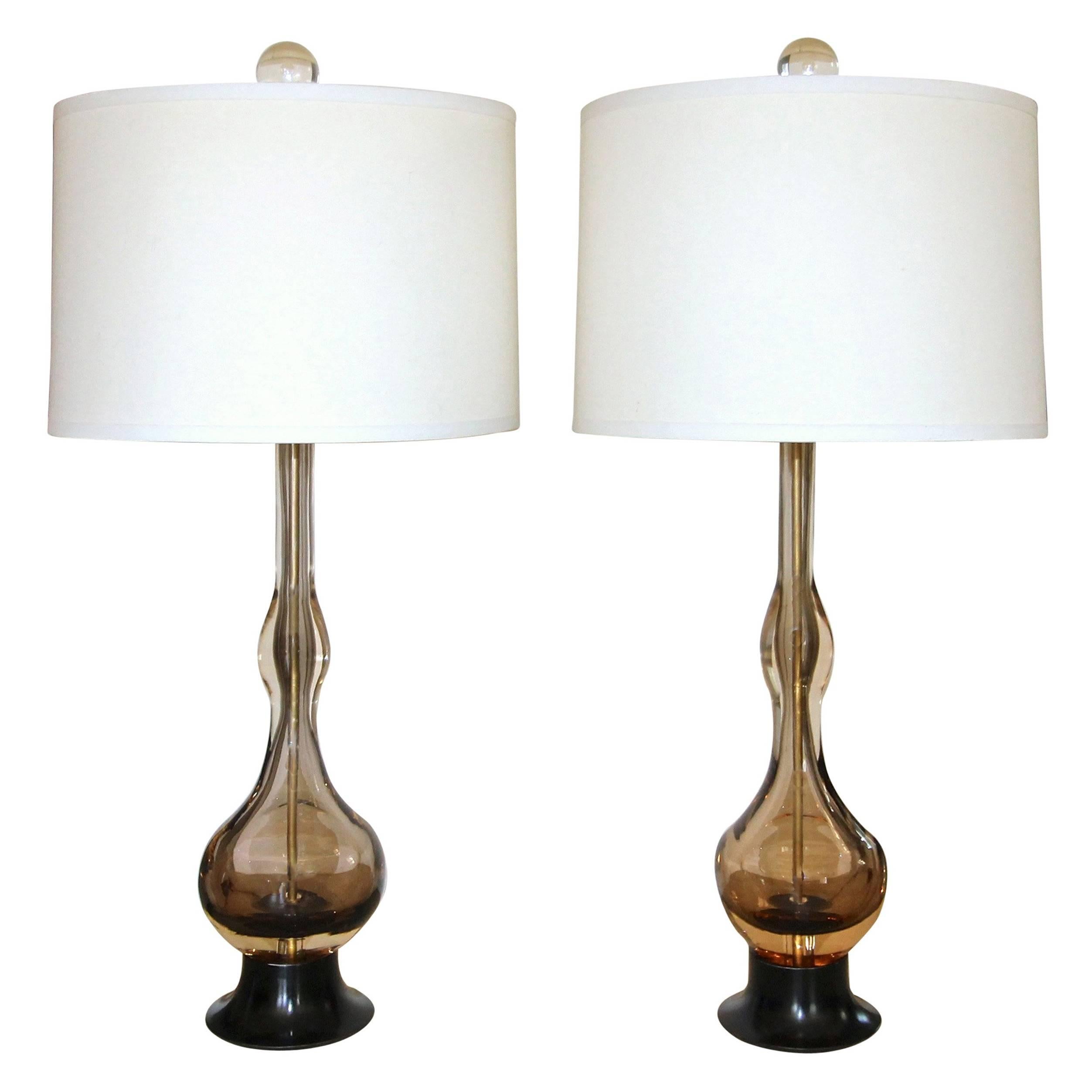 Pair of Flavio Poli Seguso Sommerso Murano Brown Glass Table Lamps