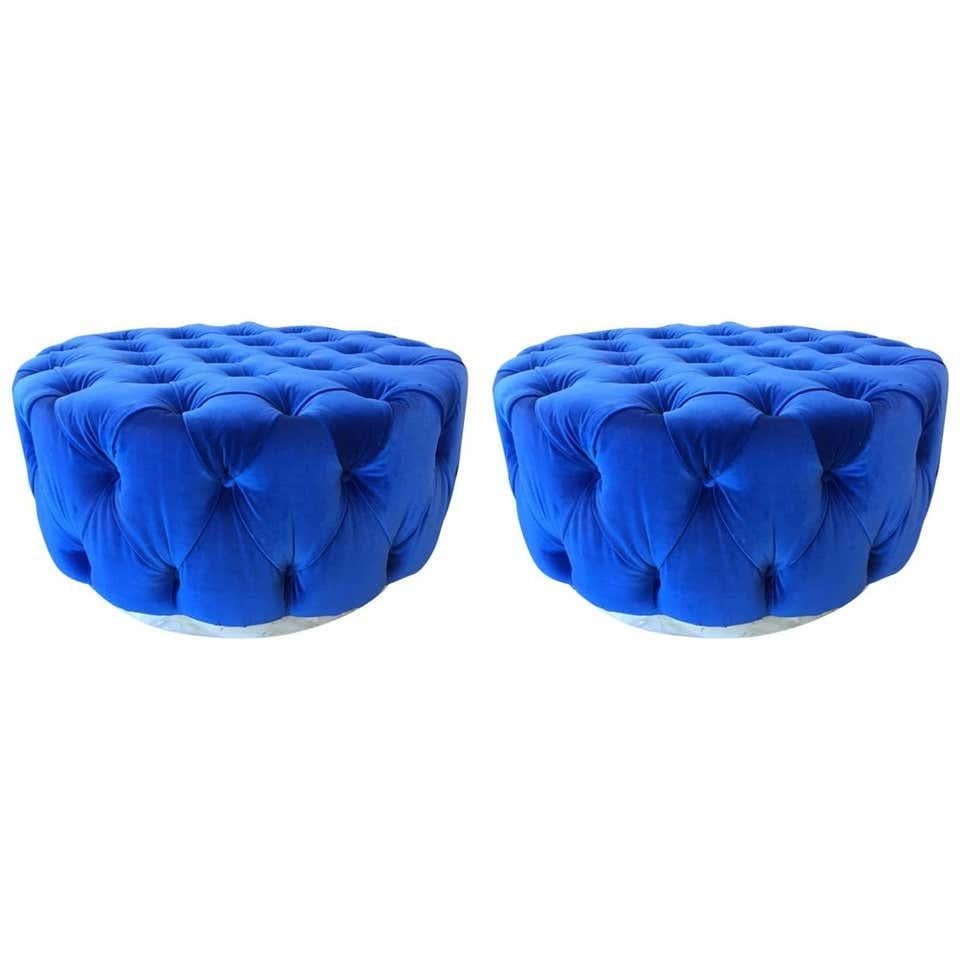 Contemporary Pair of Flavor Custom Designs Modern Blue Tufted Ottomans For Sale