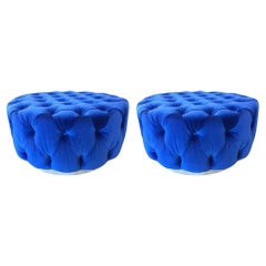 Pair of Flavor Custom Designs Modern Blue Tufted Ottomans