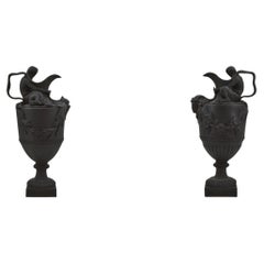 Antique Pair of Flaxman Ewers in Black Basalt. Wedgwood C1830.