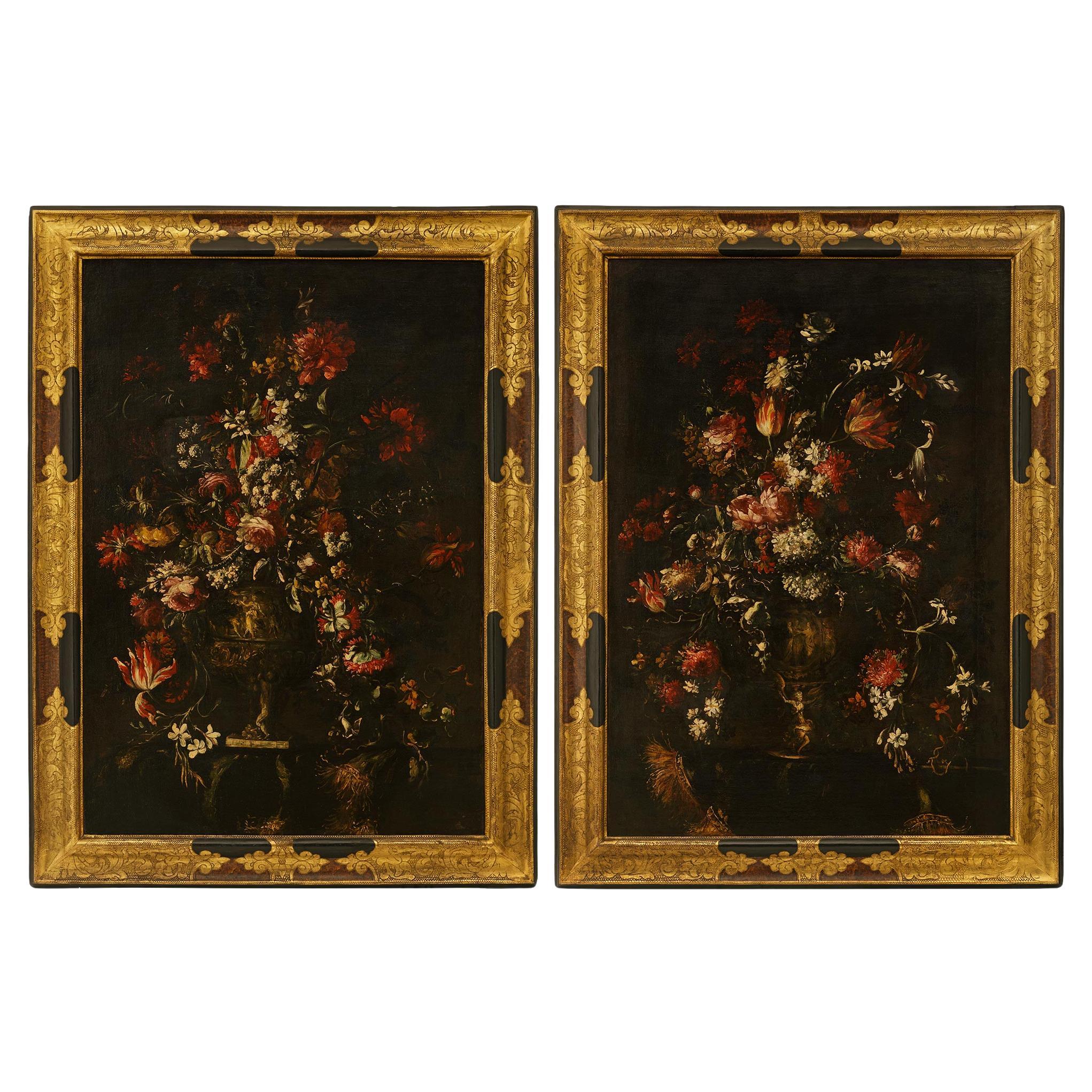 Paire de peintures flamandes du 17e siècle à l
huile sur toile et bois doré