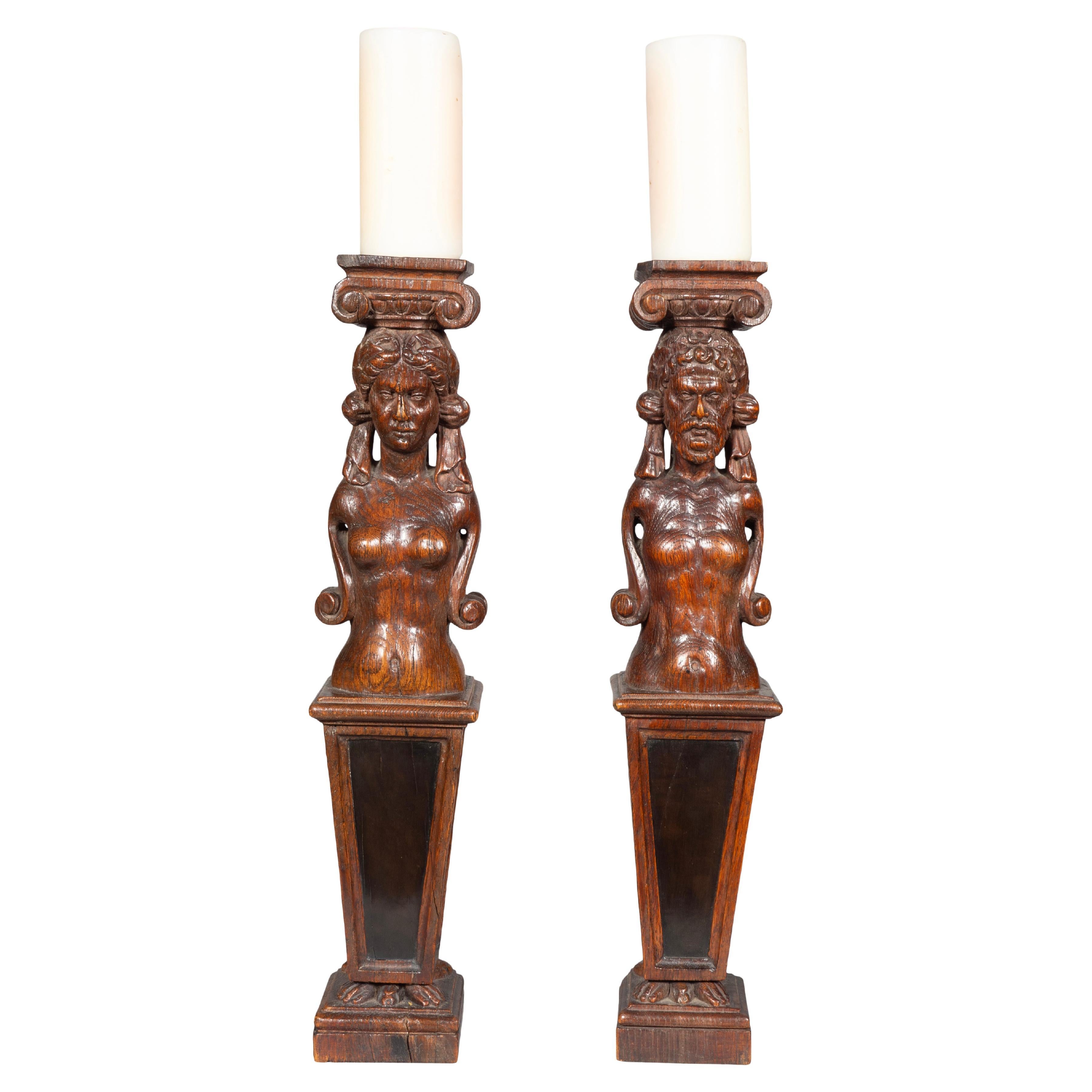 Pair Of Flemish Baroque Carved Oak And Ebony Figural Caryatids For Sale