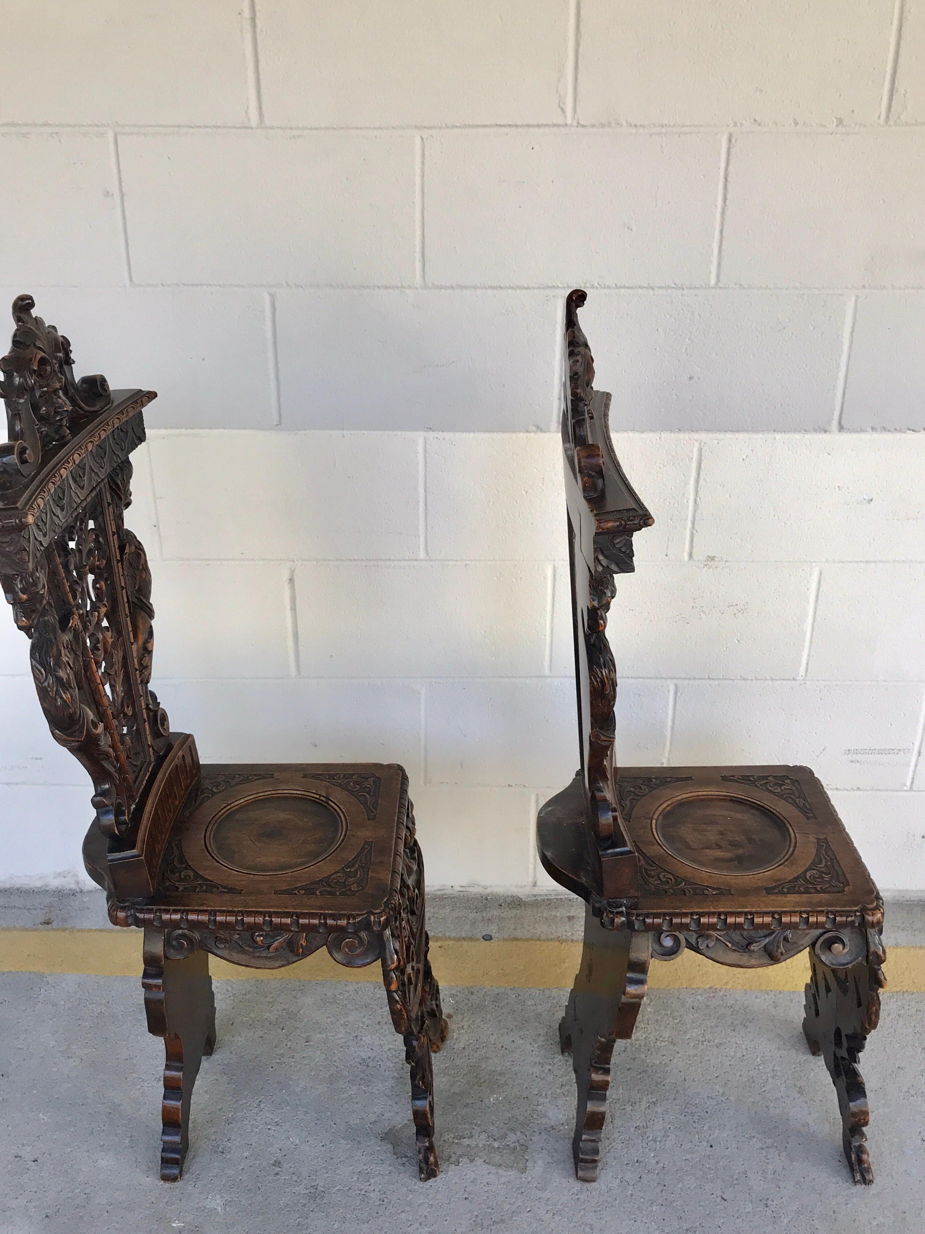 Hand-Carved Pair of Flemish Carved Walnut Fireside Chairs