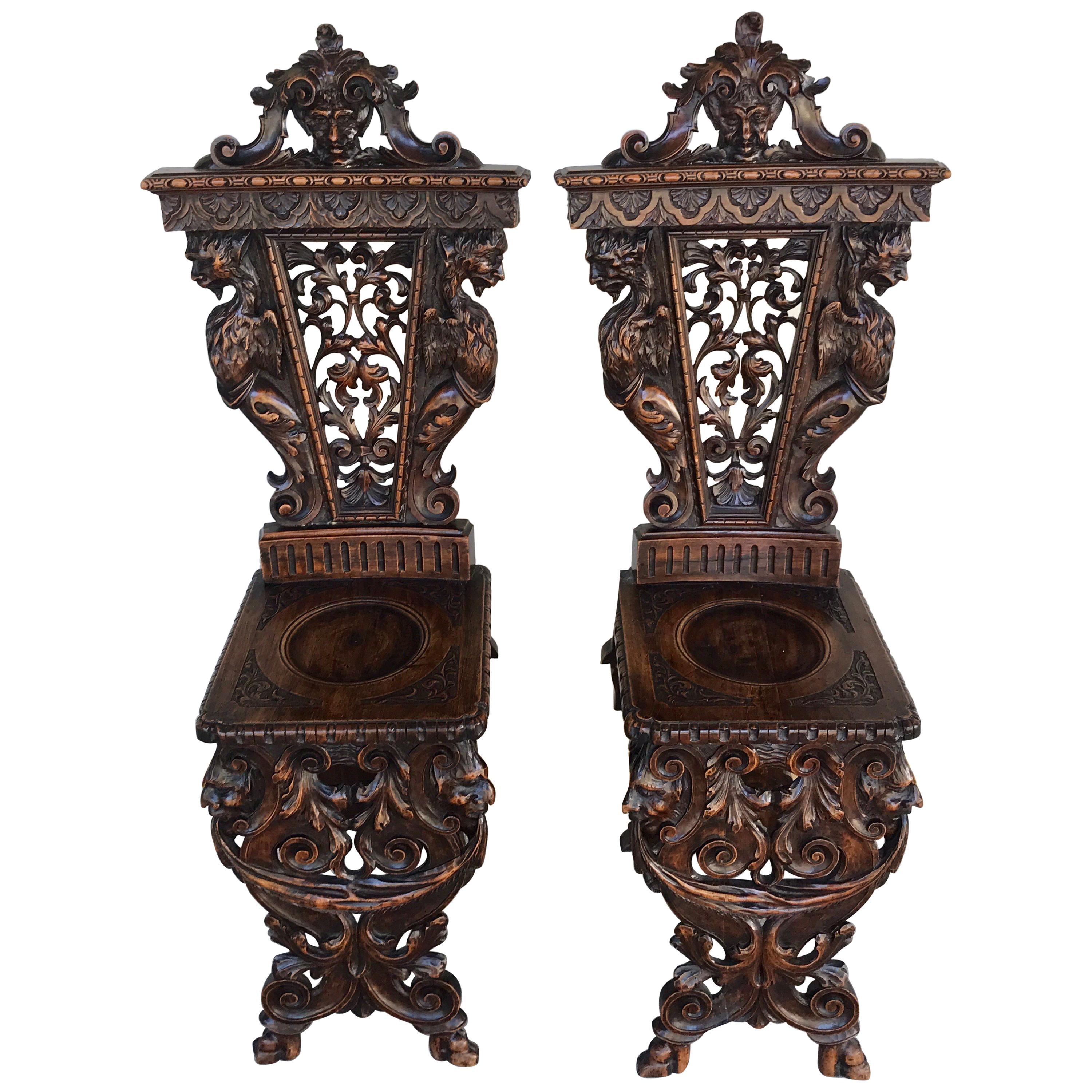 Pair of Flemish Carved Walnut Fireside Chairs