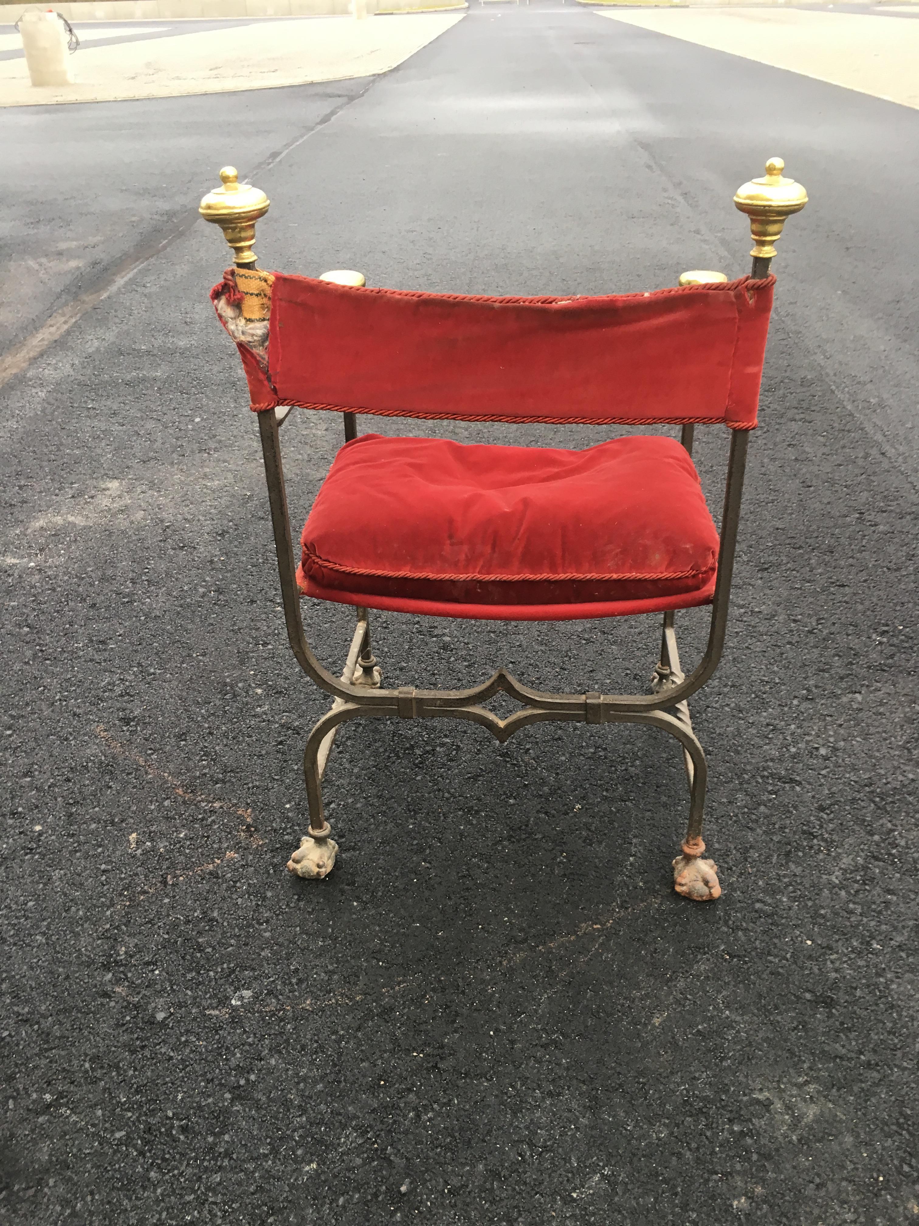 3 Flemish Curule Armchairs in Iron, Brass and Velvet, circa 1900 For Sale 4