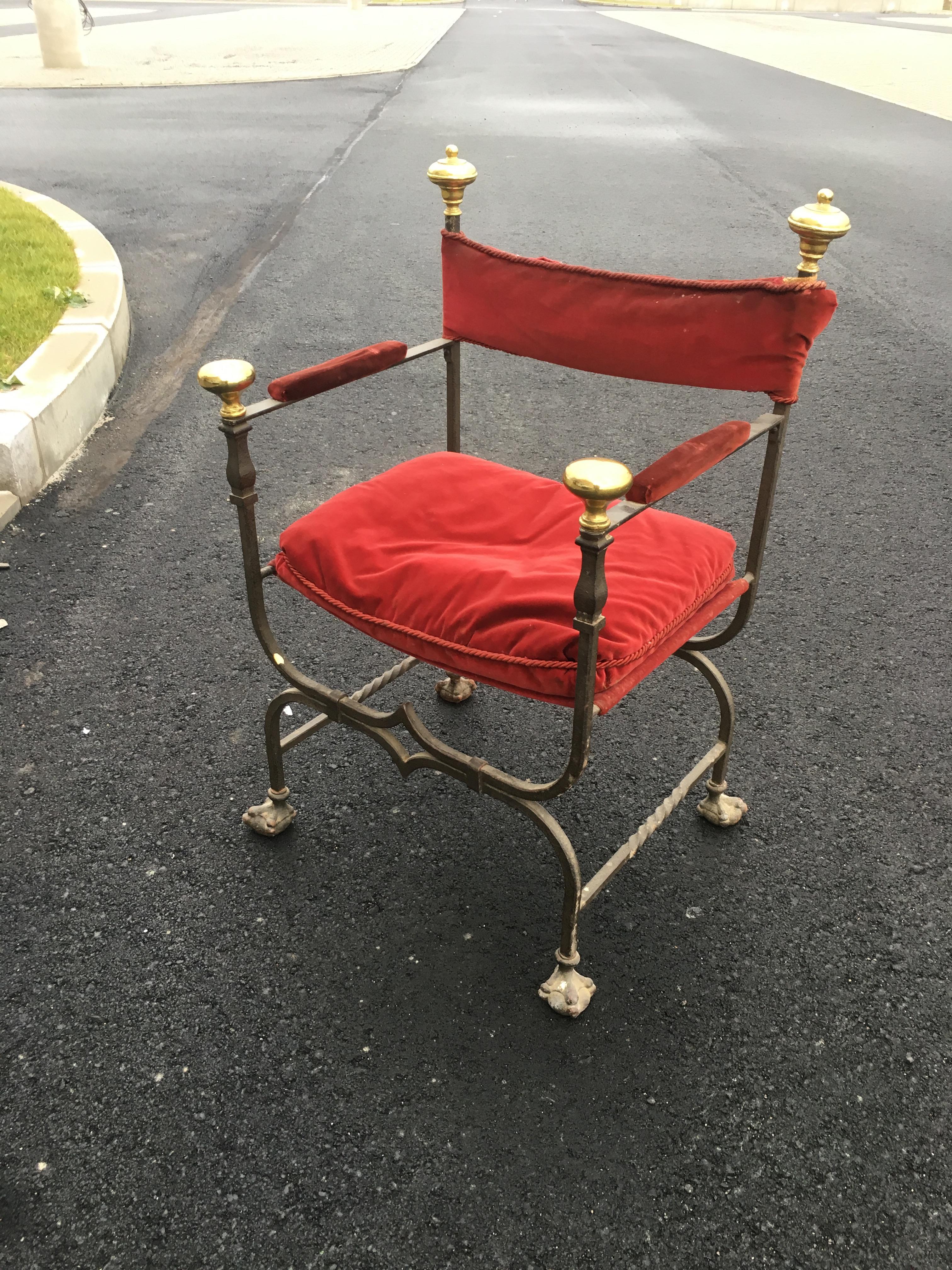 3 Flemish Curule armchairs in iron, brass and velvet, circa 1900.