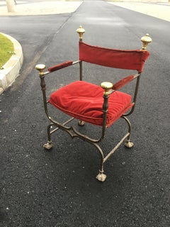 3 poltrone fiamminghe a curule in ferro, ottone e velluto, circa 1900