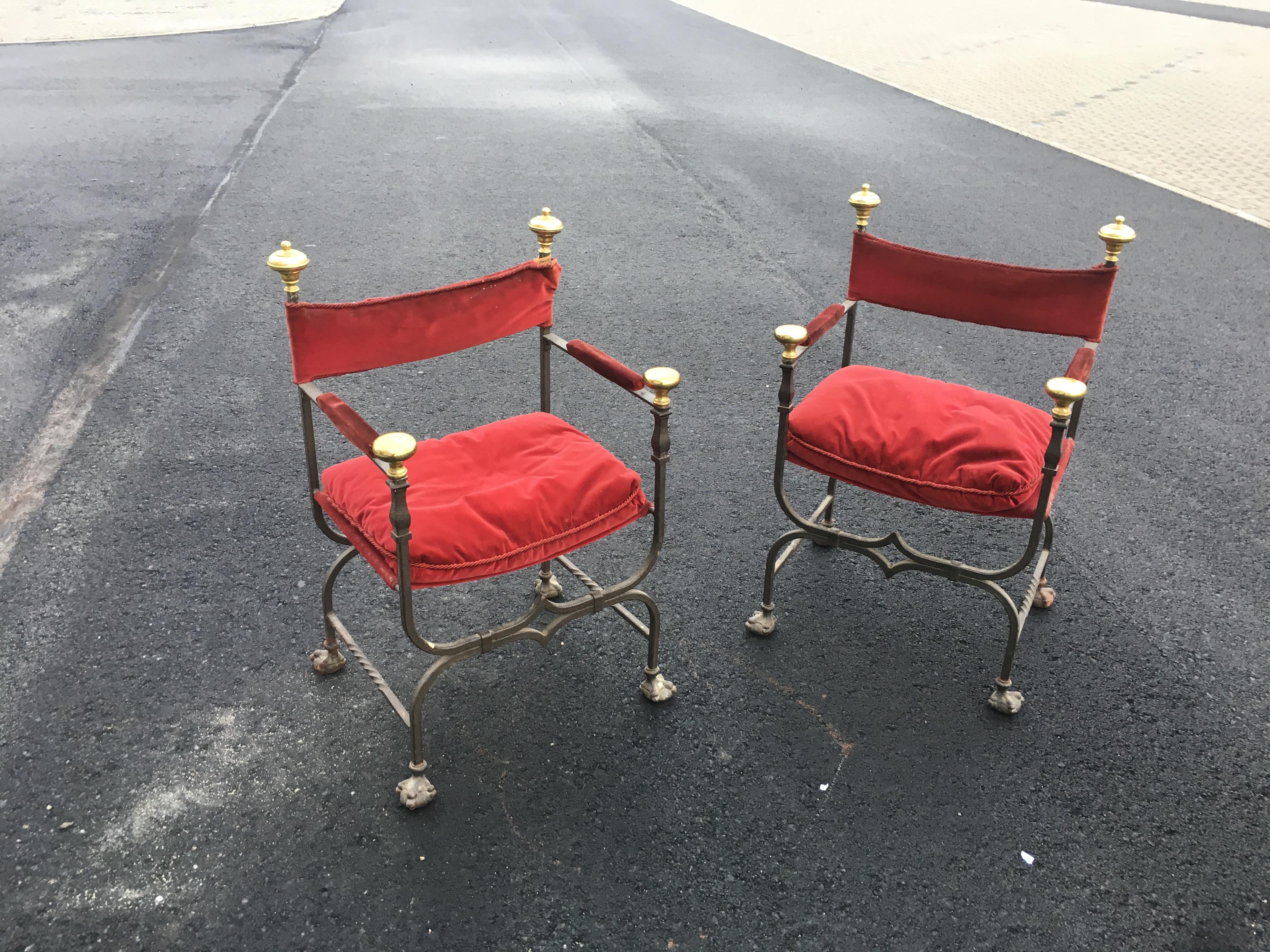 Art Nouveau 3 Flemish Curule Armchairs in Iron, Brass and Velvet, circa 1900 For Sale