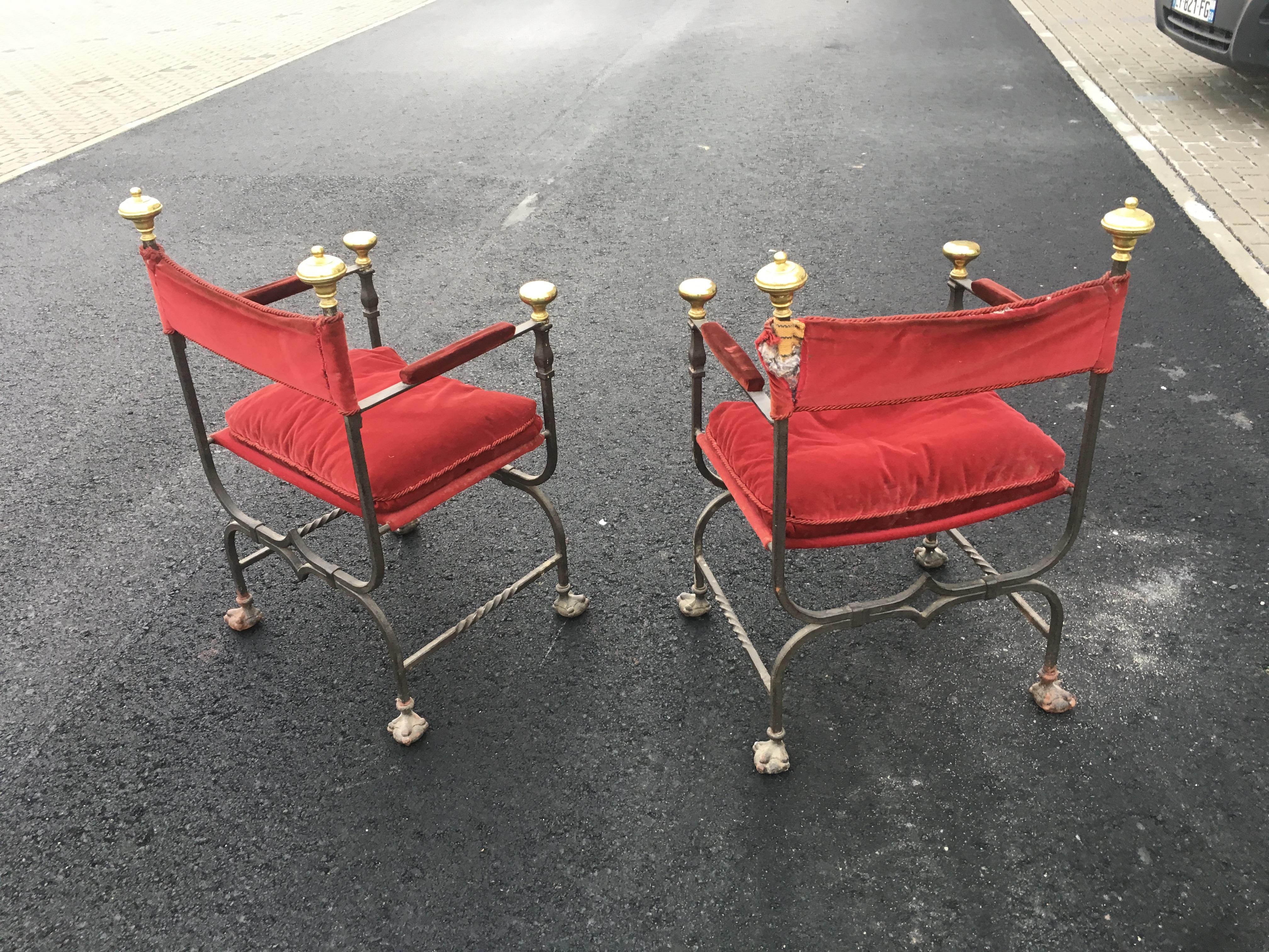3 Flemish Curule Armchairs in Iron, Brass and Velvet, circa 1900 In Good Condition For Sale In Saint-Ouen, FR