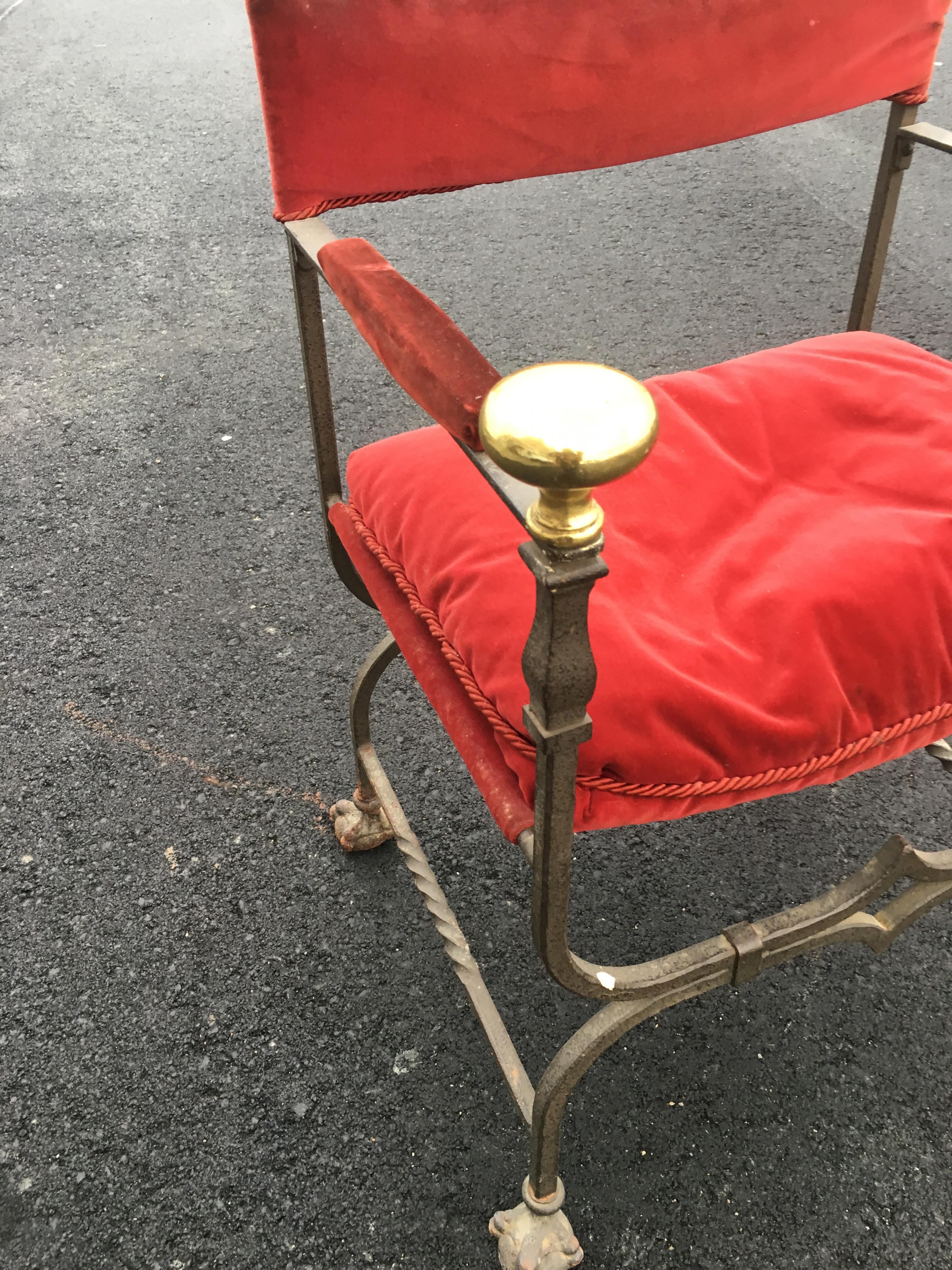 3 Flemish Curule Armchairs in Iron, Brass and Velvet, circa 1900 For Sale 1