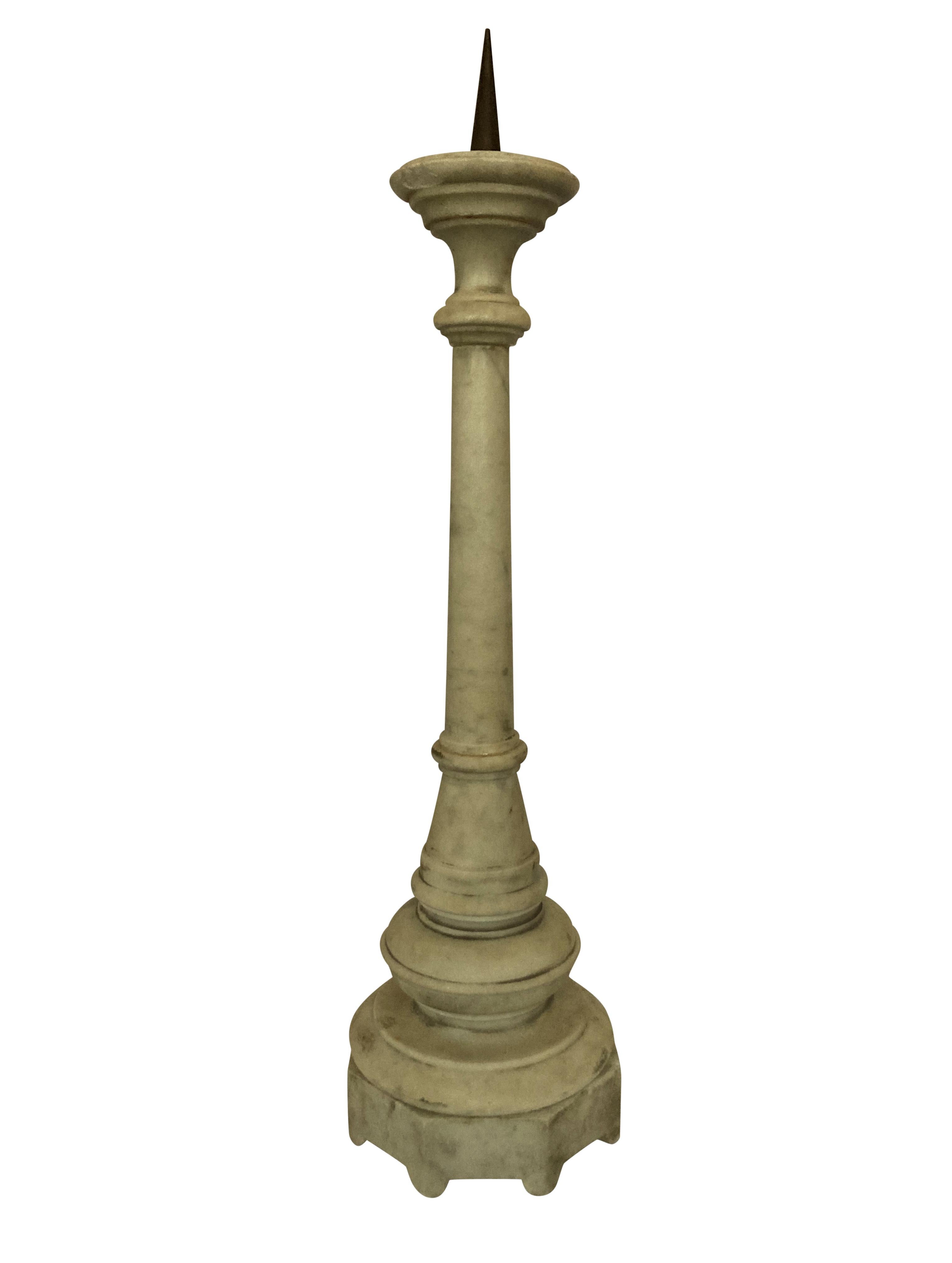 A pair of elegant Flemish pricket sticks in marble with bronze spikes.