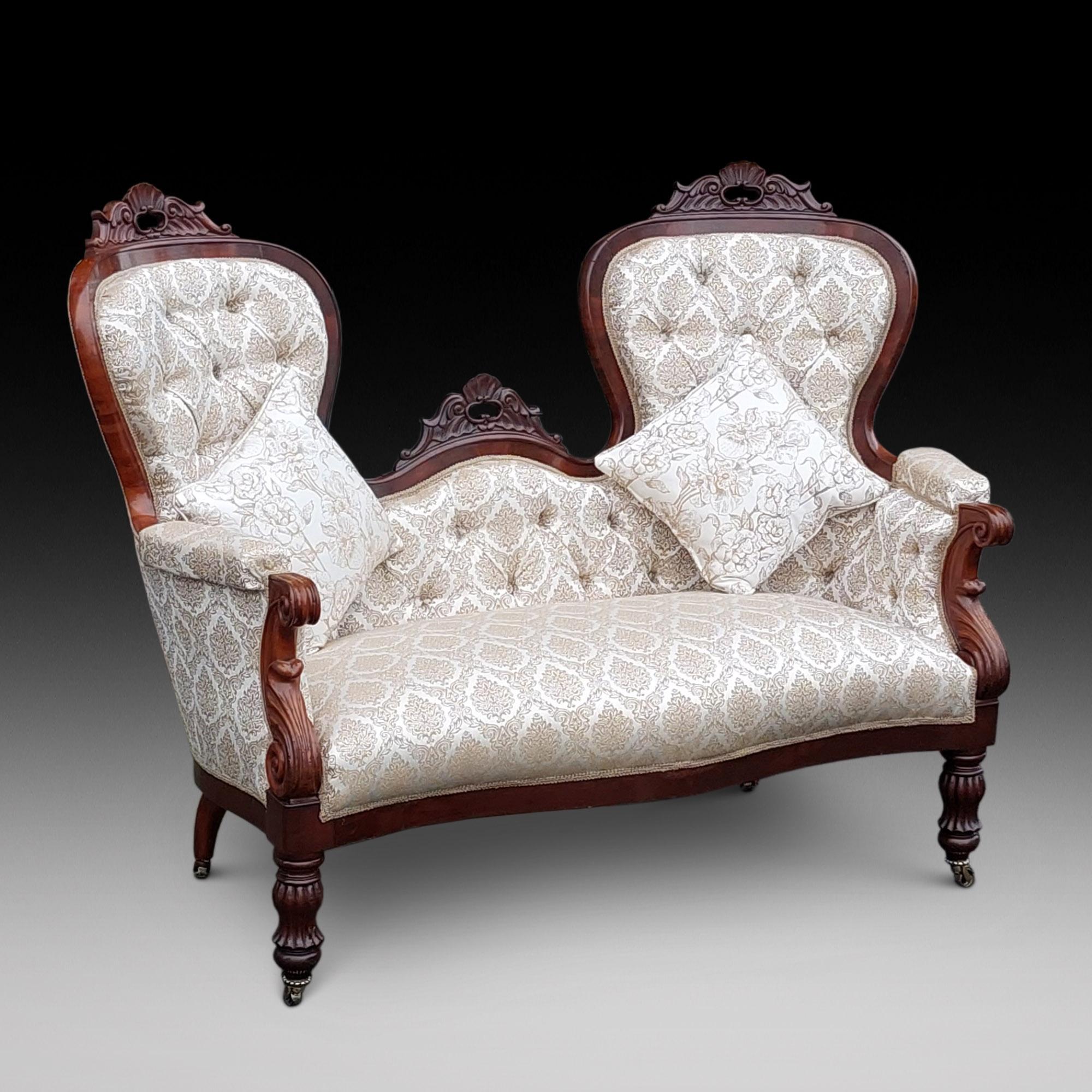Pair of Flemish Mid 19thC Flame Mahogany Sofas with Reeded Leg of Biedermeier Influence - 60