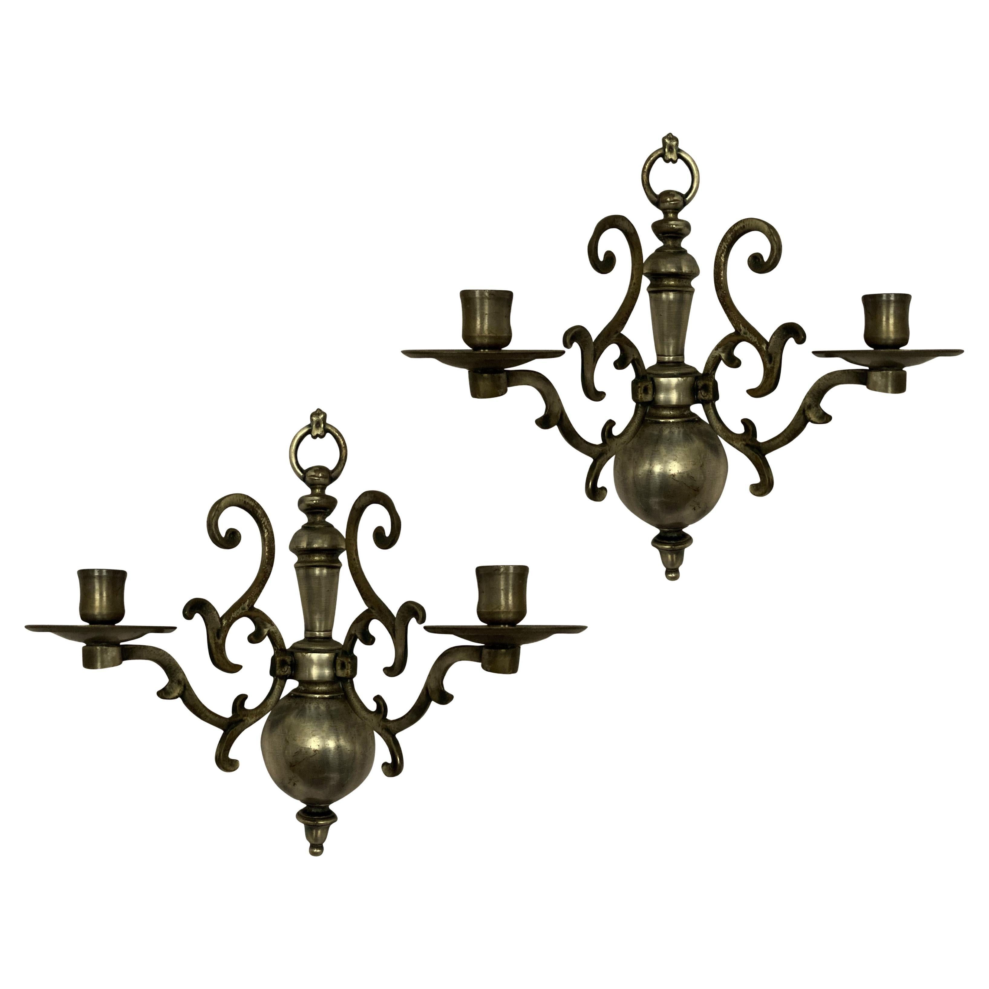 Pair of Flemish Silver Plated Wall Sconces For Sale