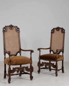 Pair Of Flemish Style Throne Armchairs Caned Backs Upholstered Seats
