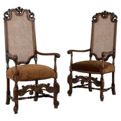 Pair Of Flemish Style Throne Armchairs Caned Backs Upholstered Seats