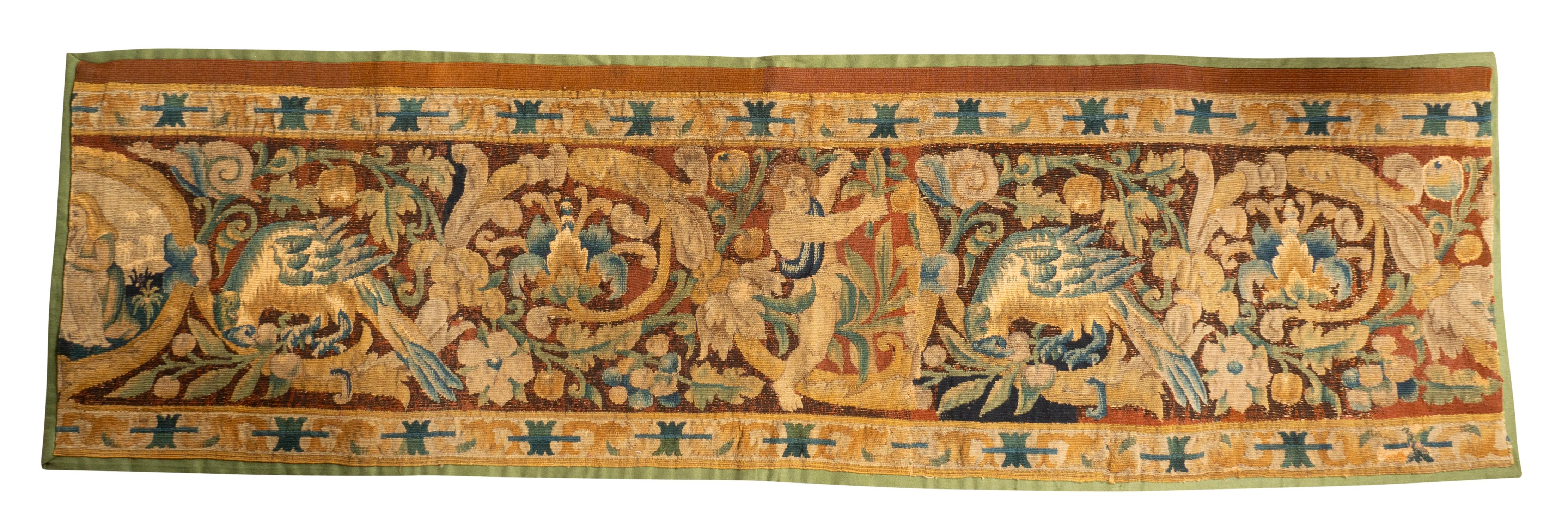 With scrolling acanthus leaves with birds and cherubs. Originally the border for a large tapestry. From the estate of JP Morgan Jr acquired directly from the heirs.