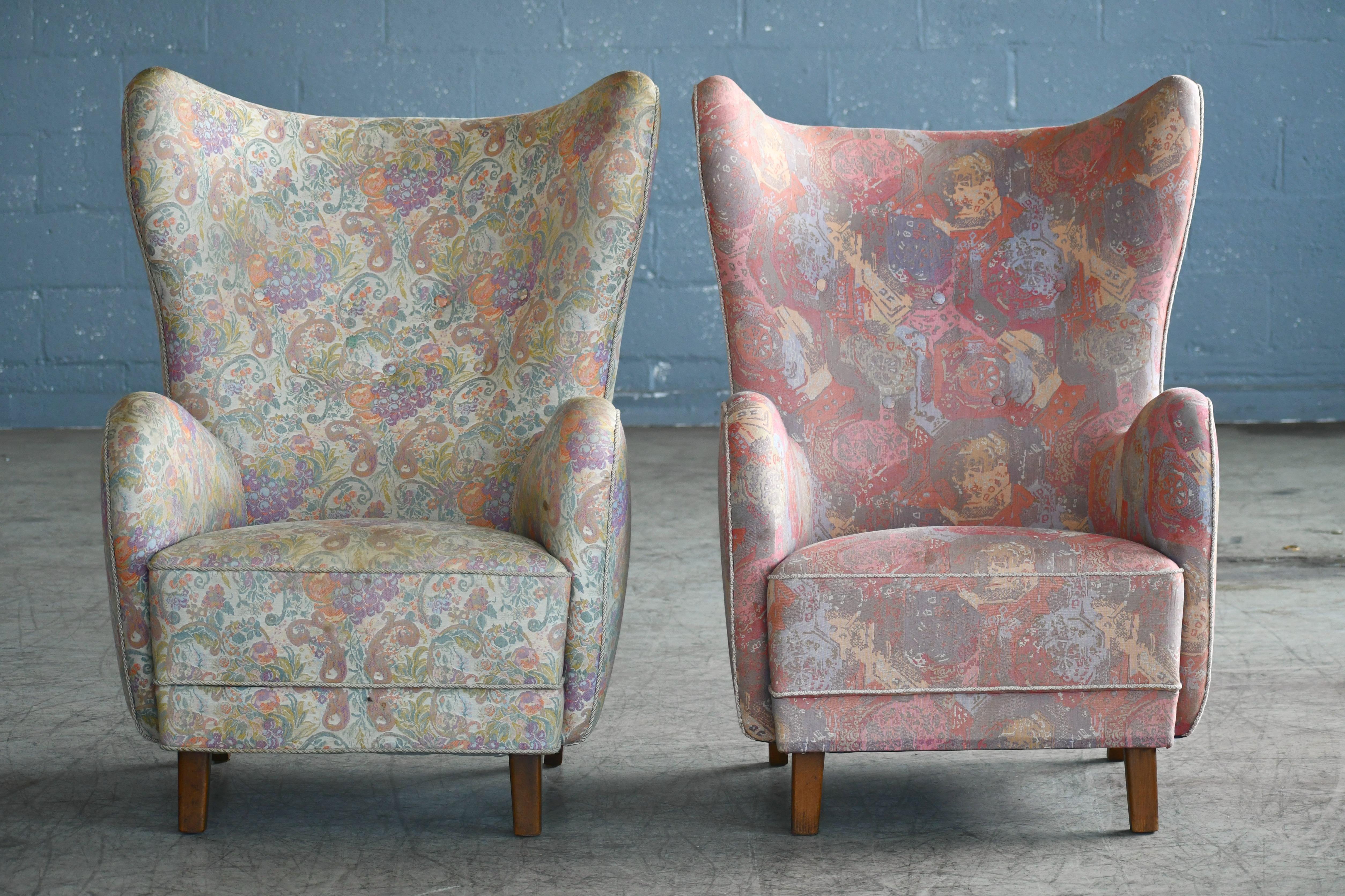 Pair of Flemming Lassen Attributed High Back Lounge Chairs, Denmark, 1940s In Good Condition In Bridgeport, CT