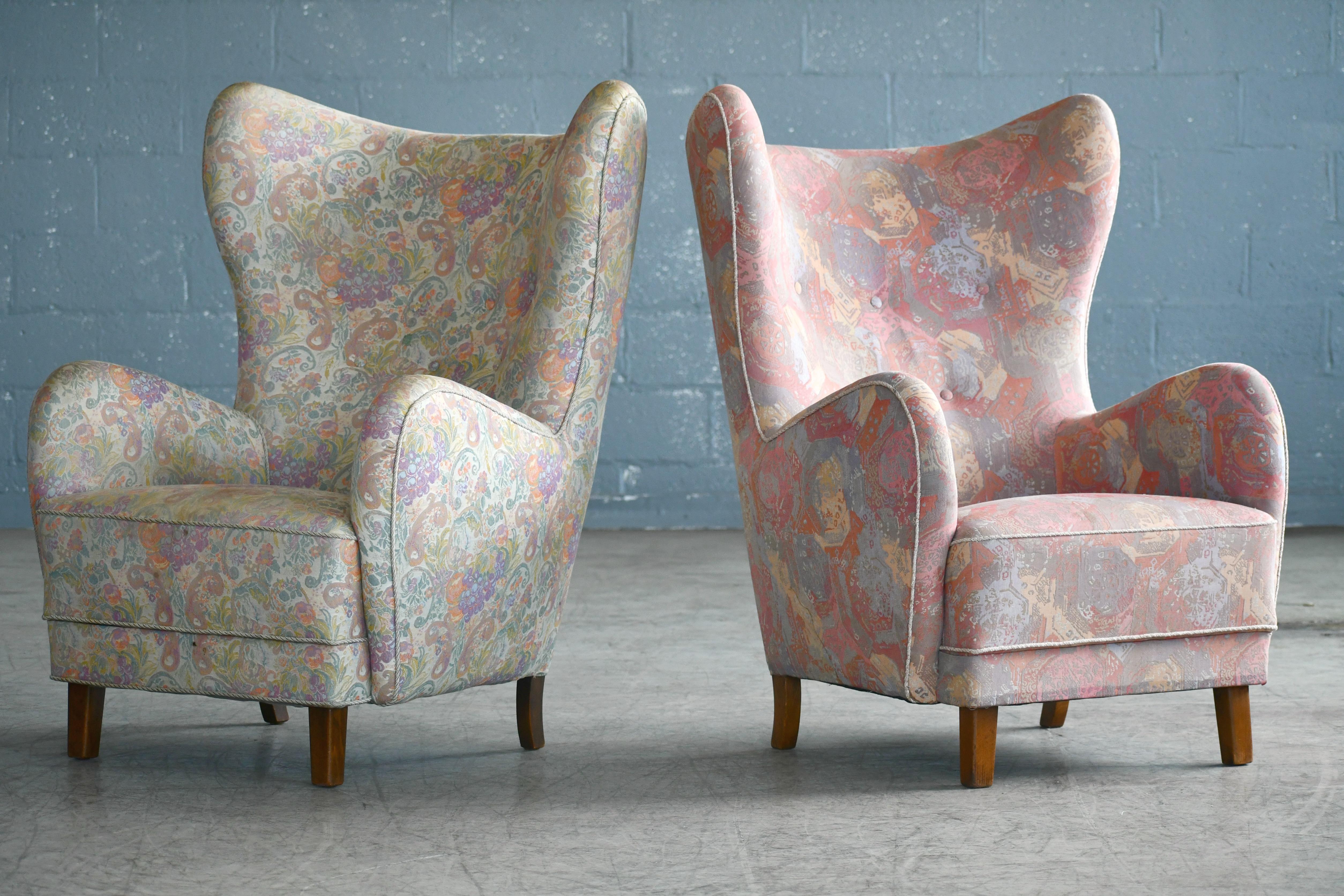 Mid-20th Century Pair of Flemming Lassen Attributed High Back Lounge Chairs, Denmark, 1940s