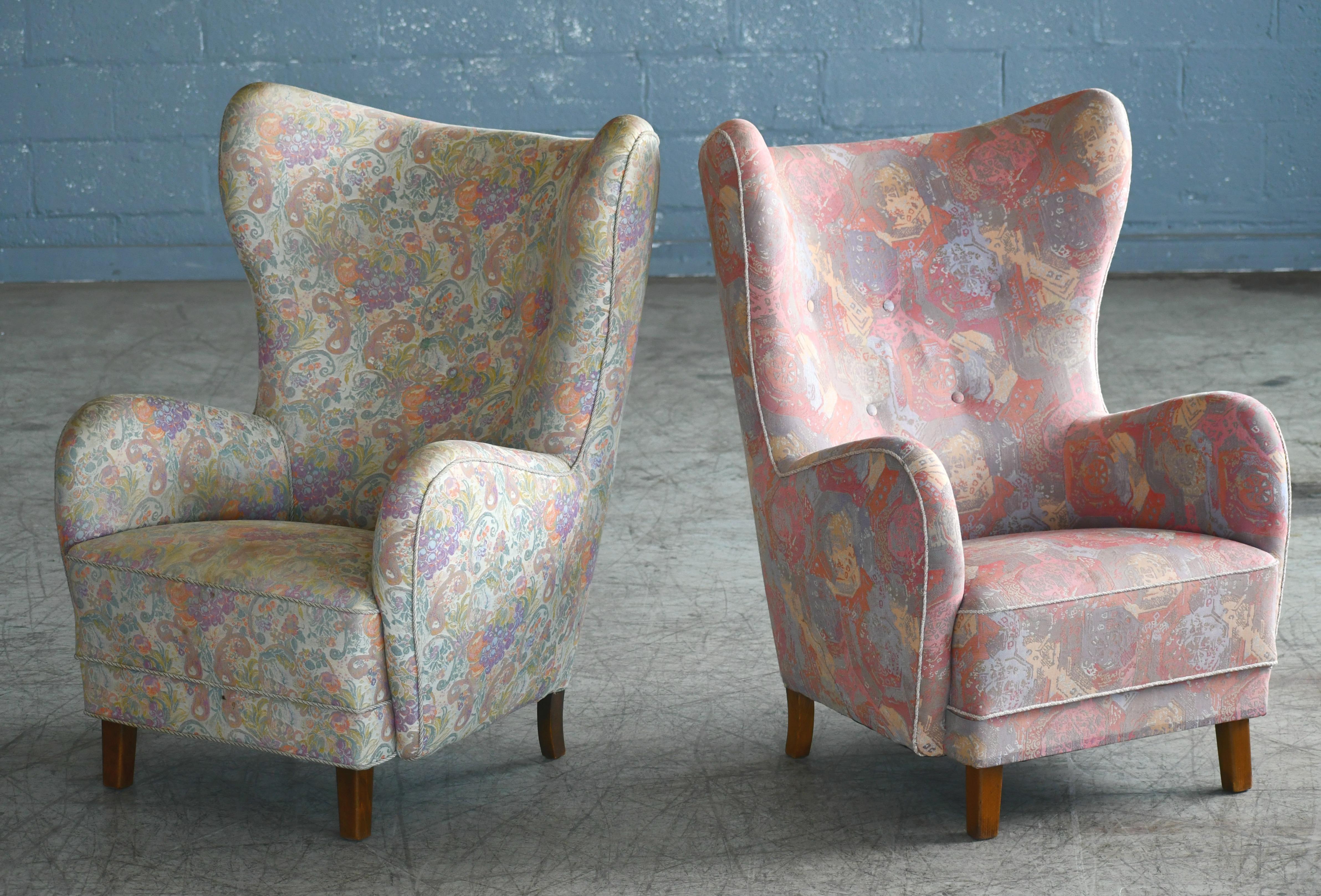 Wool Pair of Flemming Lassen Attributed High Back Lounge Chairs, Denmark, 1940s