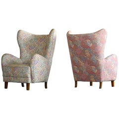Pair of Flemming Lassen Attributed High Back Lounge Chairs, Denmark, 1940s