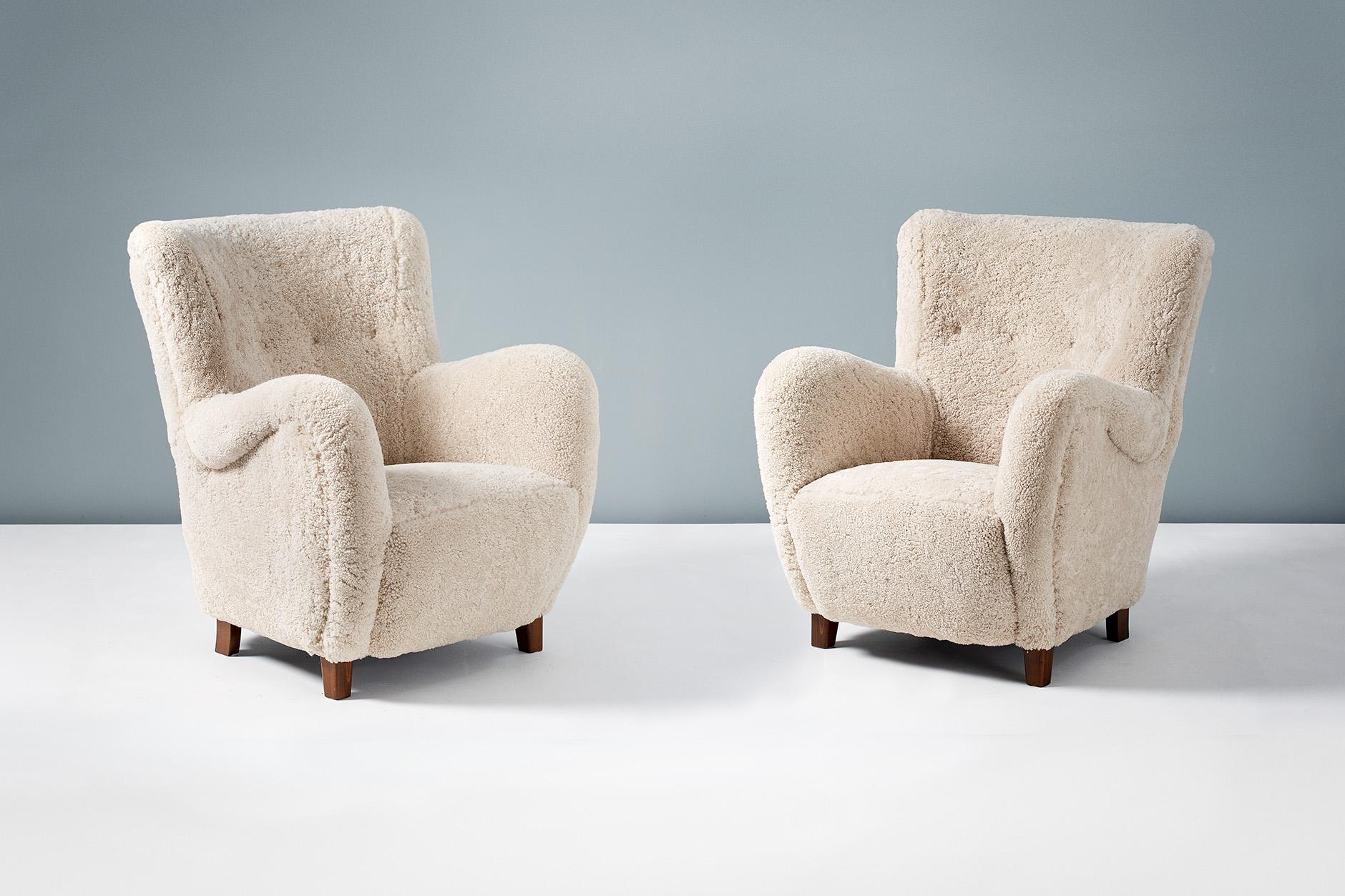 Mid-20th Century Pair of Flemming Lassen Style 1940s Sheepskin Armchairs