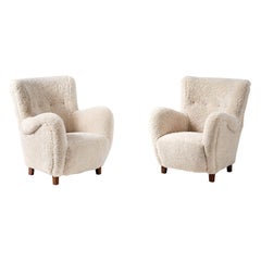 Pair of Flemming Lassen Style 1940s Sheepskin Armchairs