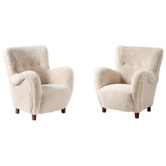 Pair of Flemming Lassen Style 1940s Sheepskin Armchairs Pair of Flemming Lassen Style 1940s Sheepskin Armchairs
