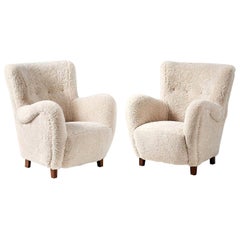 Pair of Flemming Lassen Style 1940s Sheepskin Armchairs