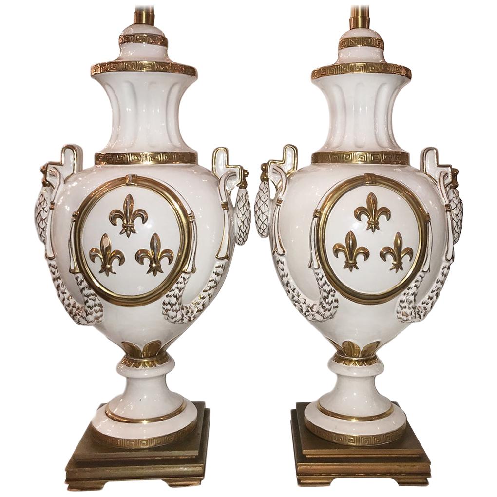 Pair of Fleur-de-Lis Motif Porcelain Table Lamps For Sale