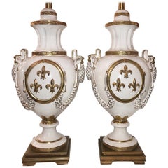 Antique Pair of Fleur-de-Lis Motif Porcelain Table Lamps