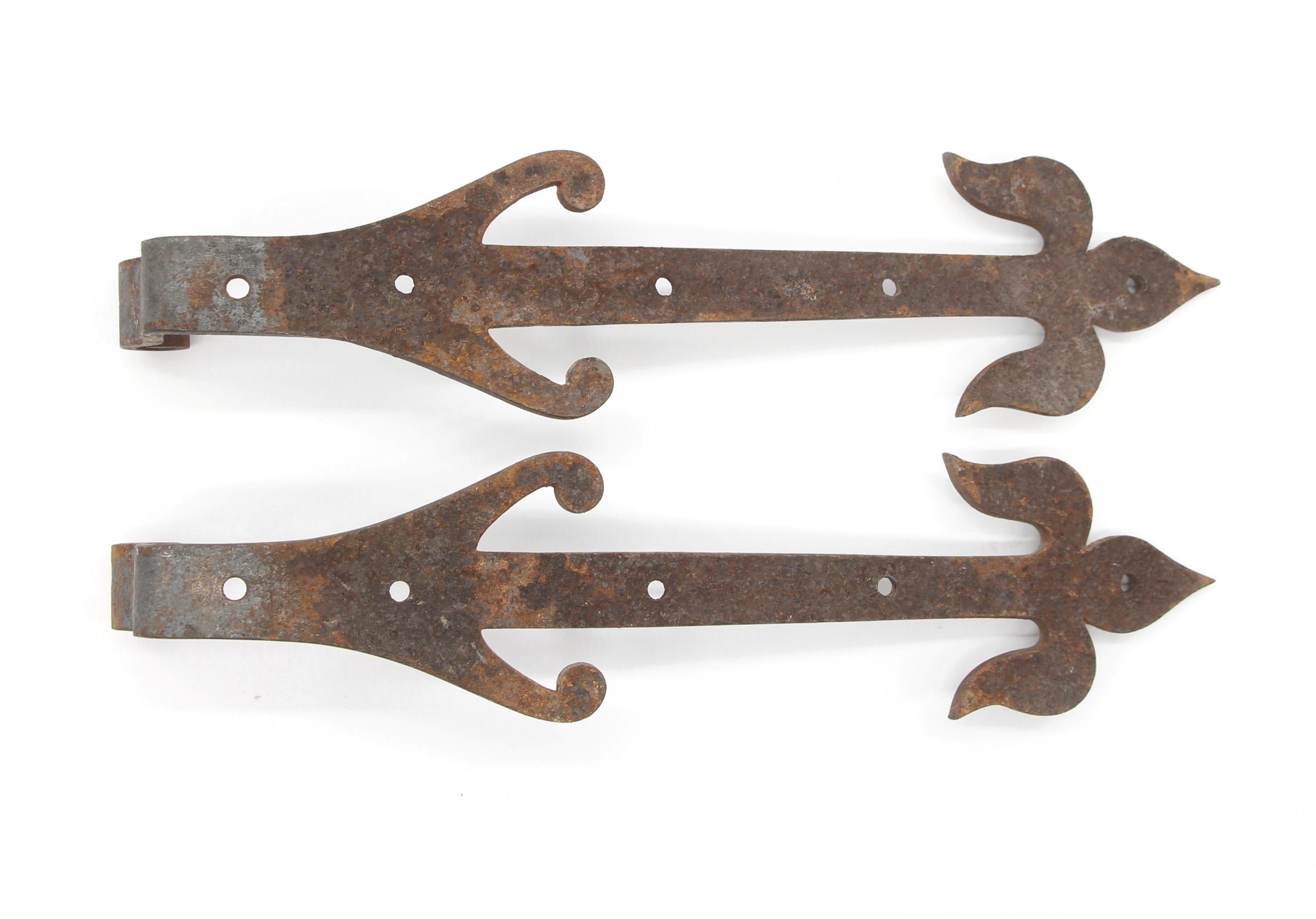 American Pair of Fleur De Lis Wrought Iron Door Strap Hinges French Style For Sale