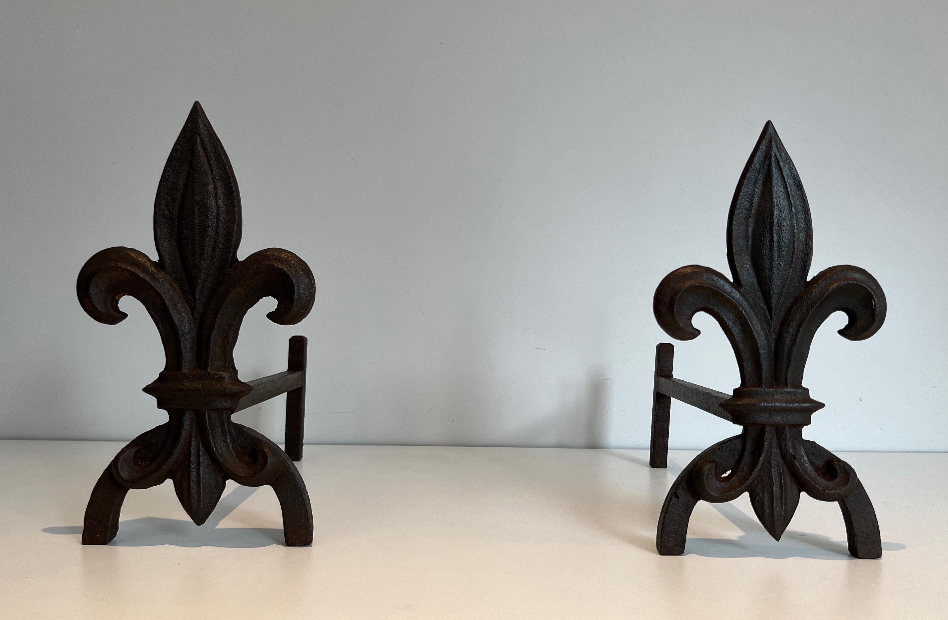 Pair of Fleurs de Lys Cast Iron and Wrought Iron Andirons For Sale 5