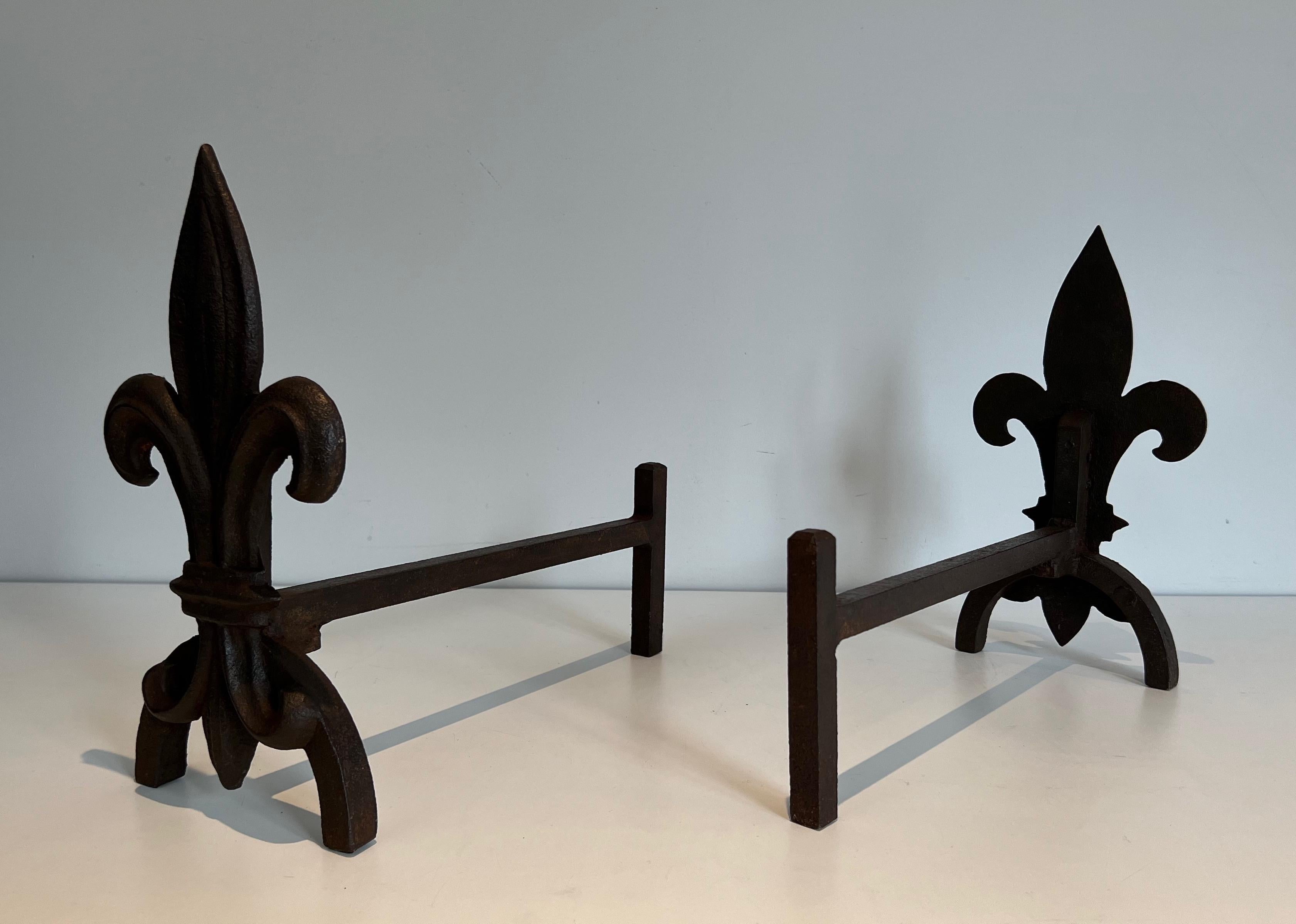 French Pair of Fleurs de Lys Cast Iron and Wrought Iron Andirons For Sale