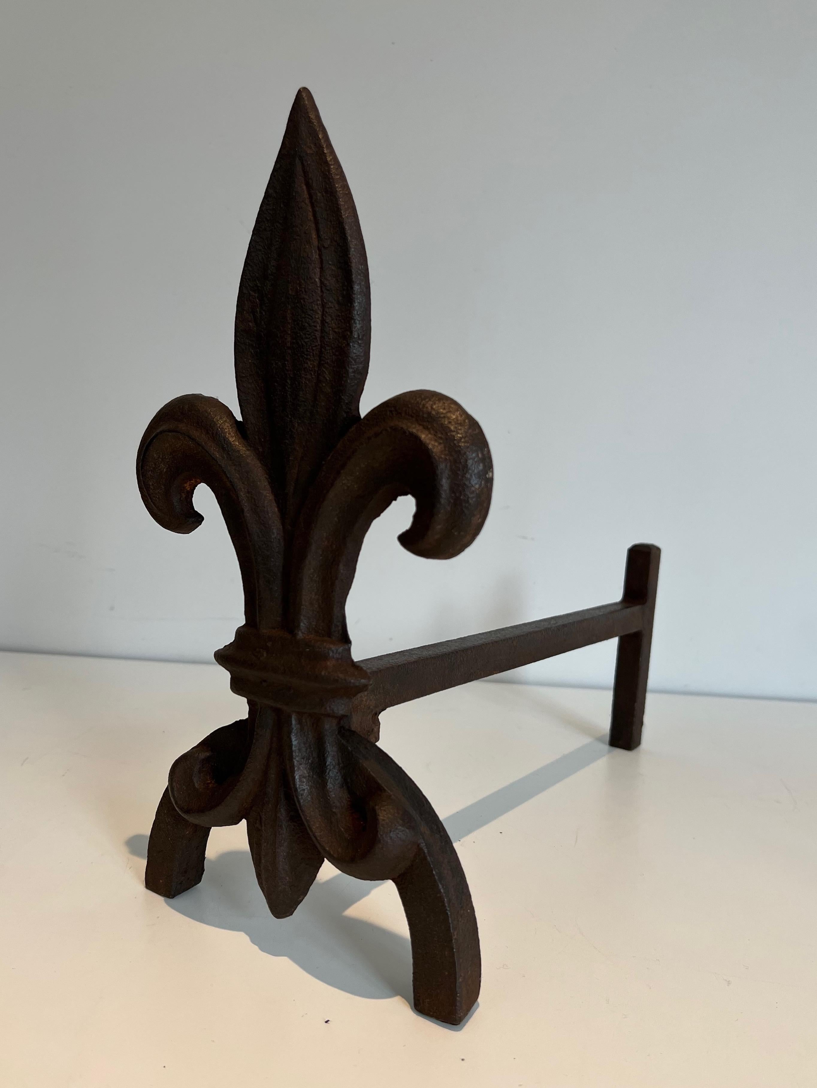 Pair of Fleurs de Lys Cast Iron and Wrought Iron Andirons For Sale 1