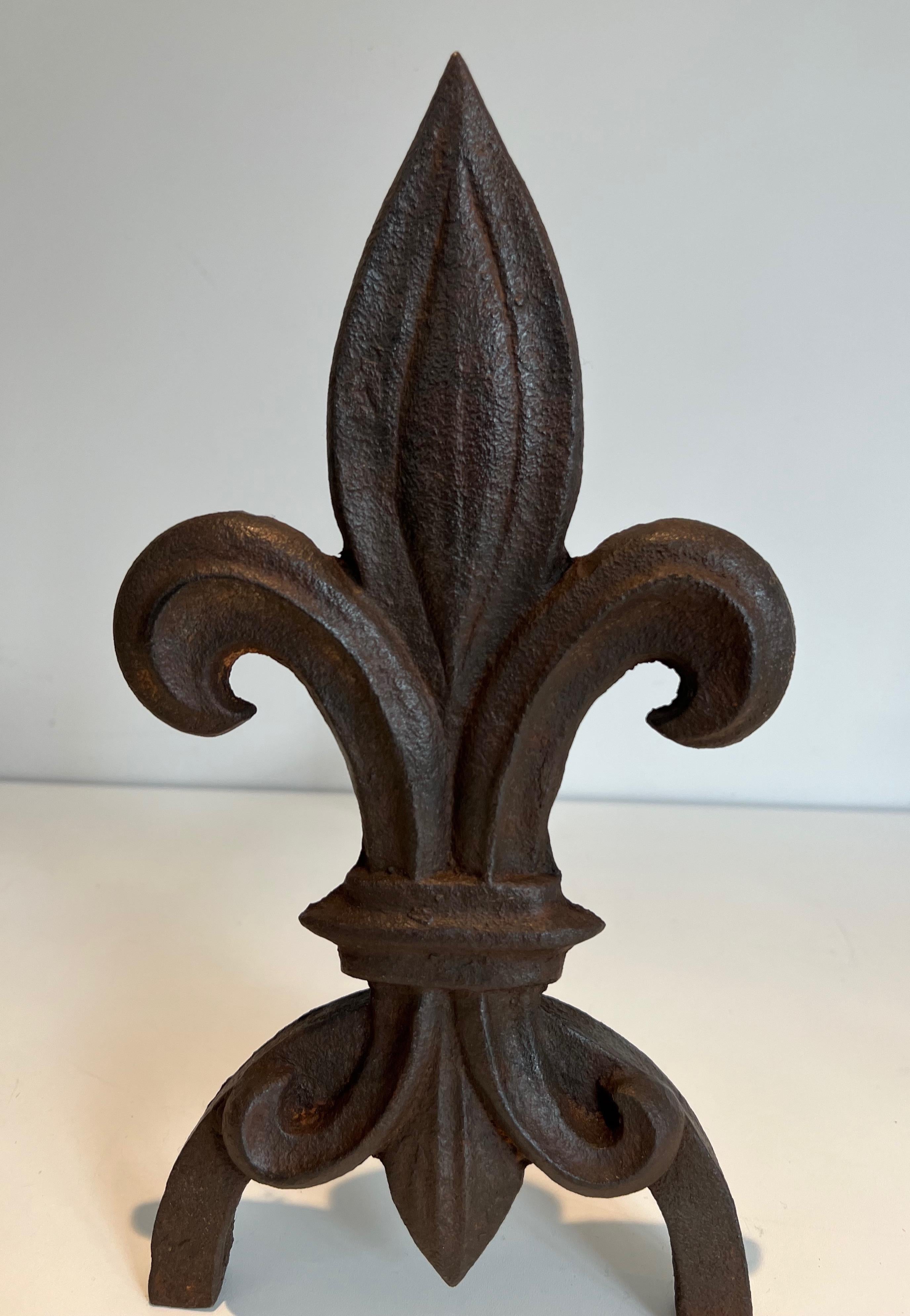 Pair of Fleurs de Lys Cast Iron and Wrought Iron Andirons For Sale 3